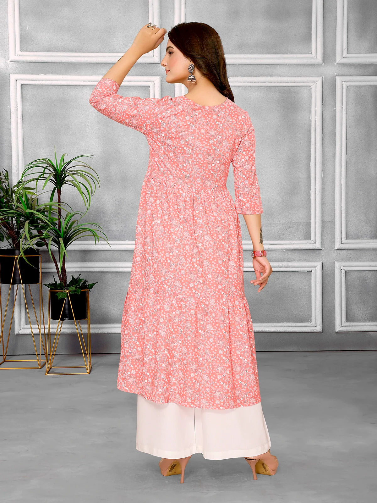 Buy Rayon Embroidered Calf Length Tiered Flared Kurta-Peach