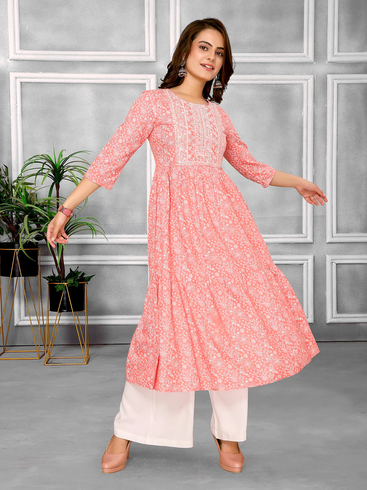 Buy Rayon Embroidered Calf Length Tiered Flared Kurta-Peach