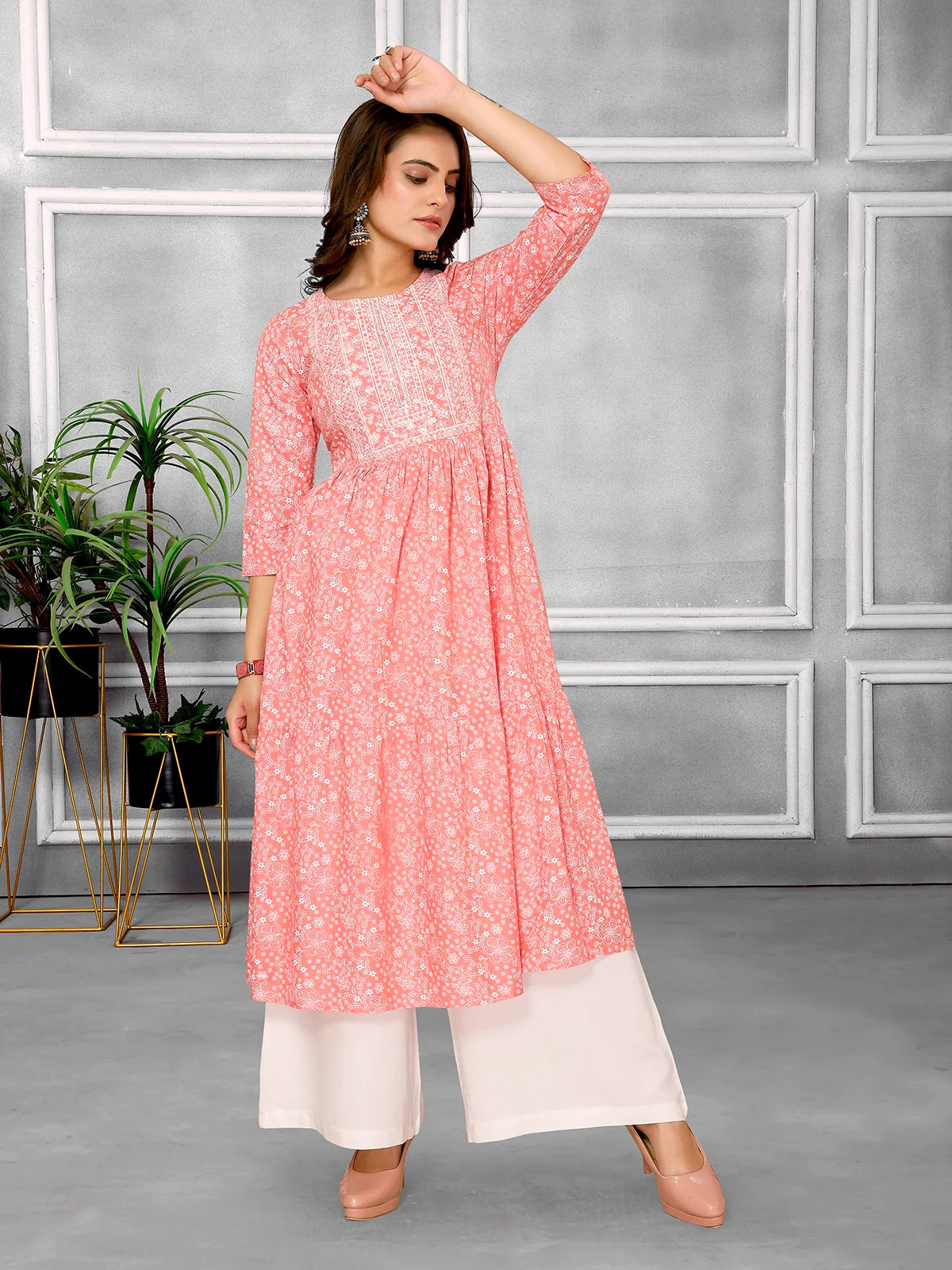 Buy Rayon Embroidered Calf Length Tiered Flared Kurta-Peach