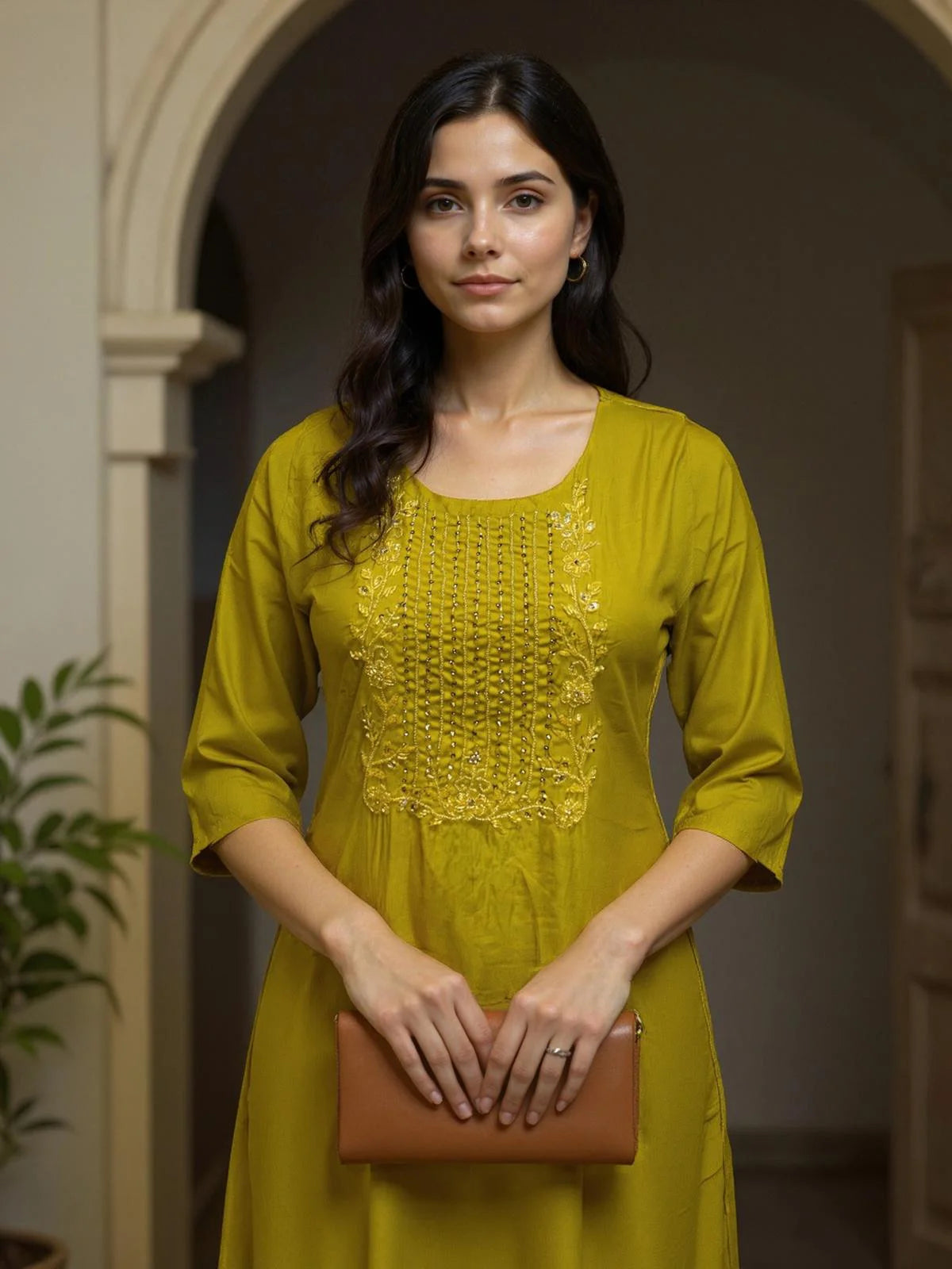 Buy Poly Viscose Embroidered Straight Calf Length Kurta with Pant-Mustard