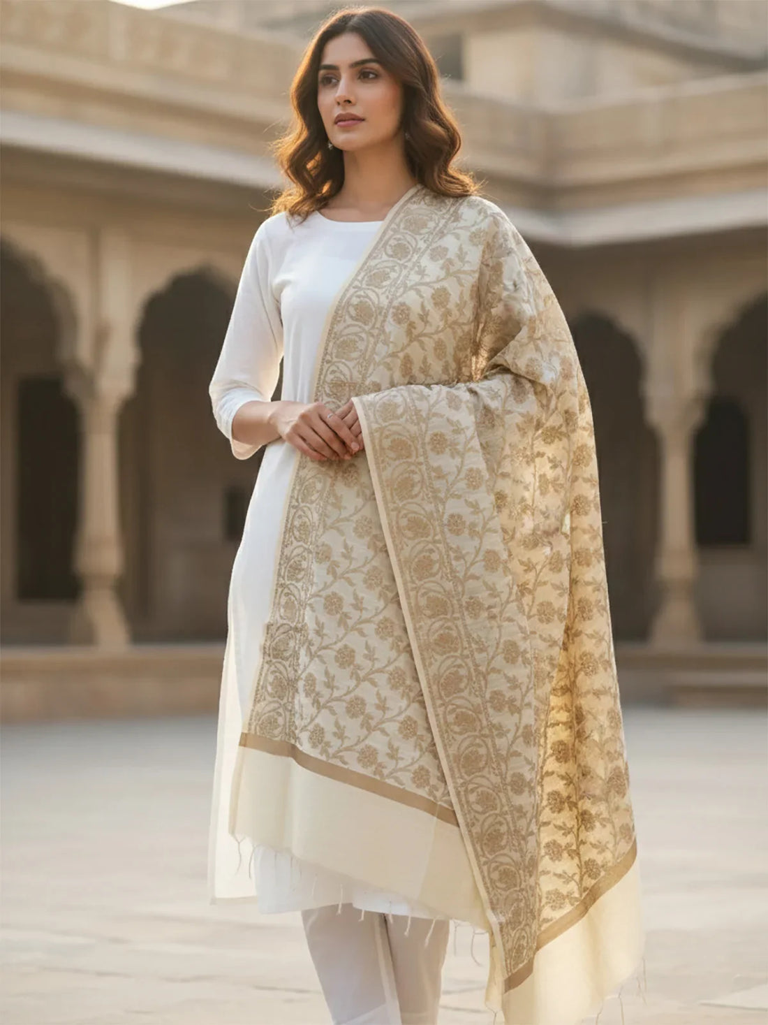 Buy Art Silk Self Design Dupatta-Off White