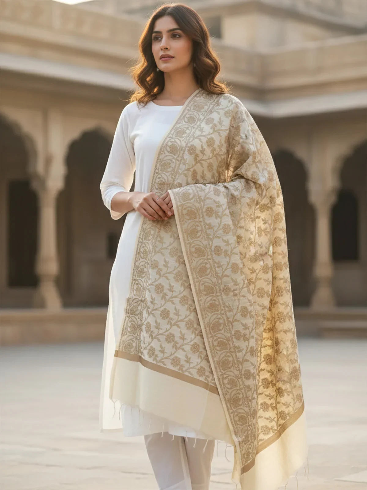 Buy Art Silk Self Design Dupatta-Off White