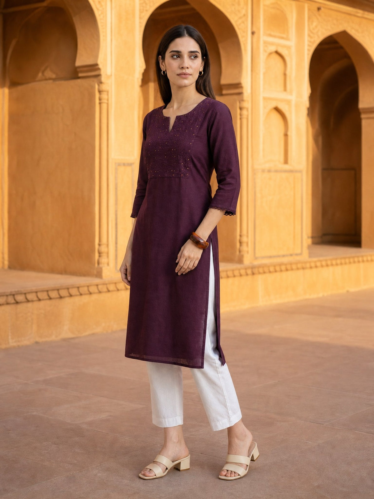 Buy Rayon Embroidered Straight Knee Length Kurta-Wine