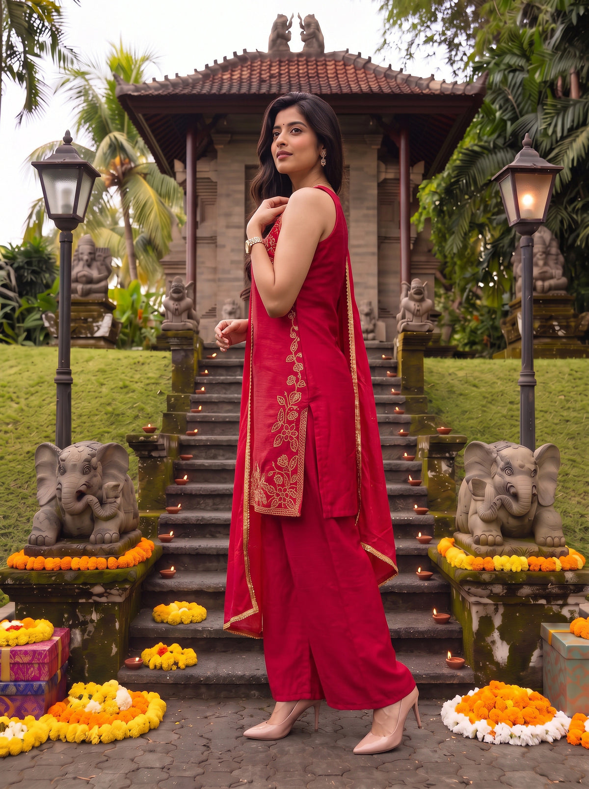 Buy Viscose Embroidered Straight Knee Length Kurta With Pant and Dupatta-Red