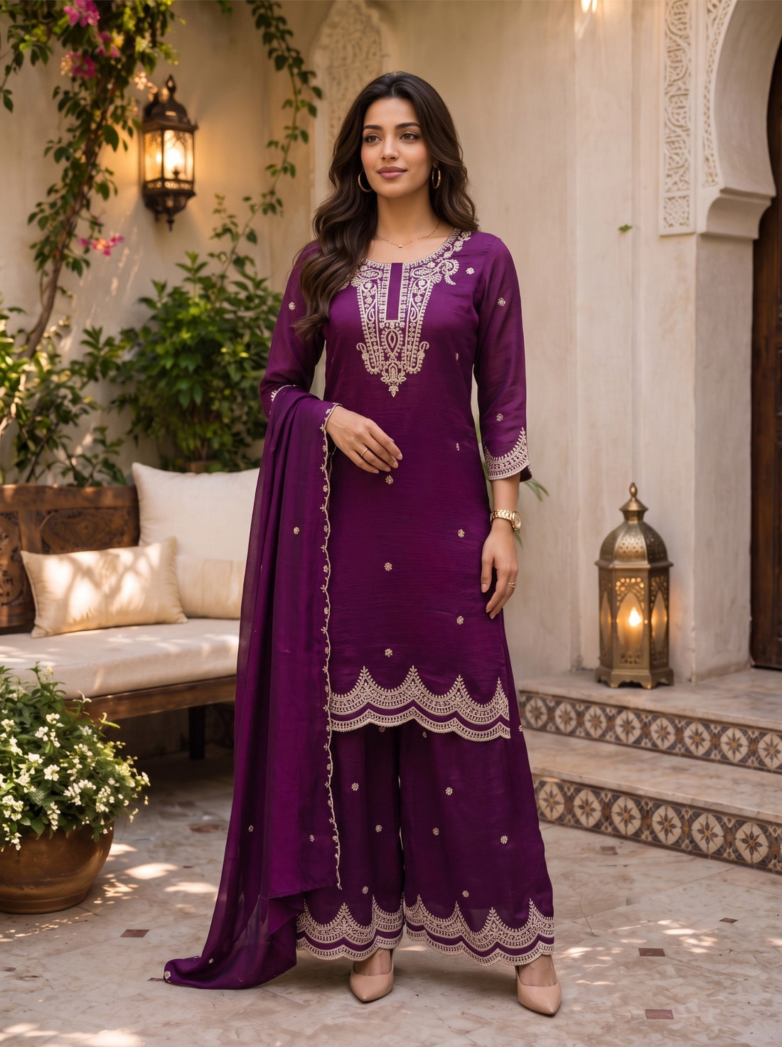 Buy Viscose Embroidered Straight Knee Length Kurta With Pant and Dupatta-Wine