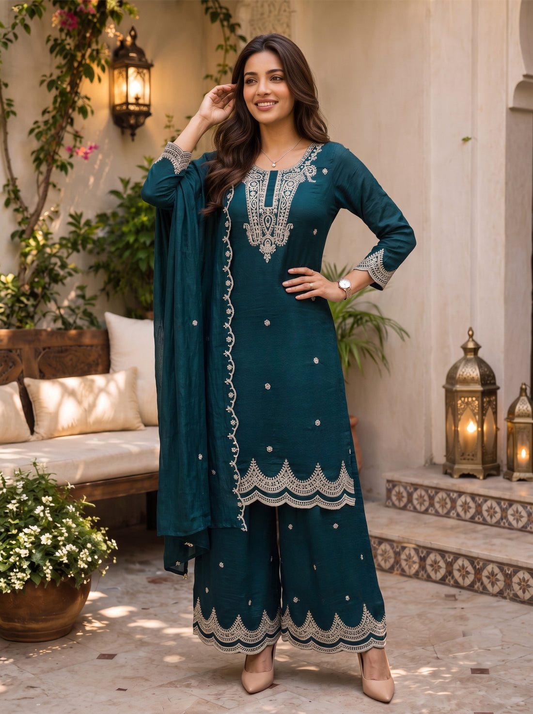 Buy Viscose Embroidered Straight Knee Length Kurta With Pant and Dupatta-Green