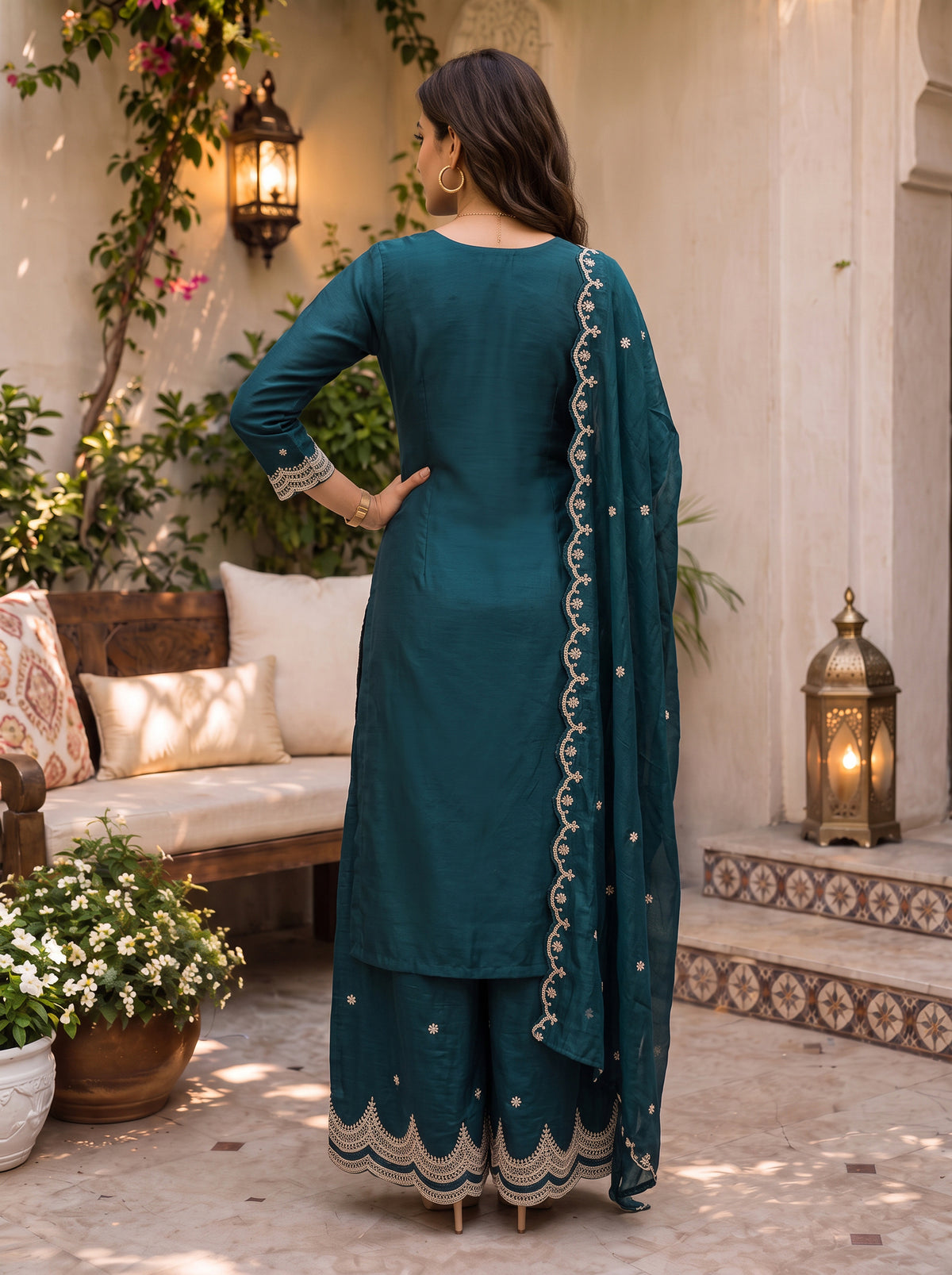 Buy Viscose Embroidered Straight Knee Length Kurta With Pant and Dupatta-Green