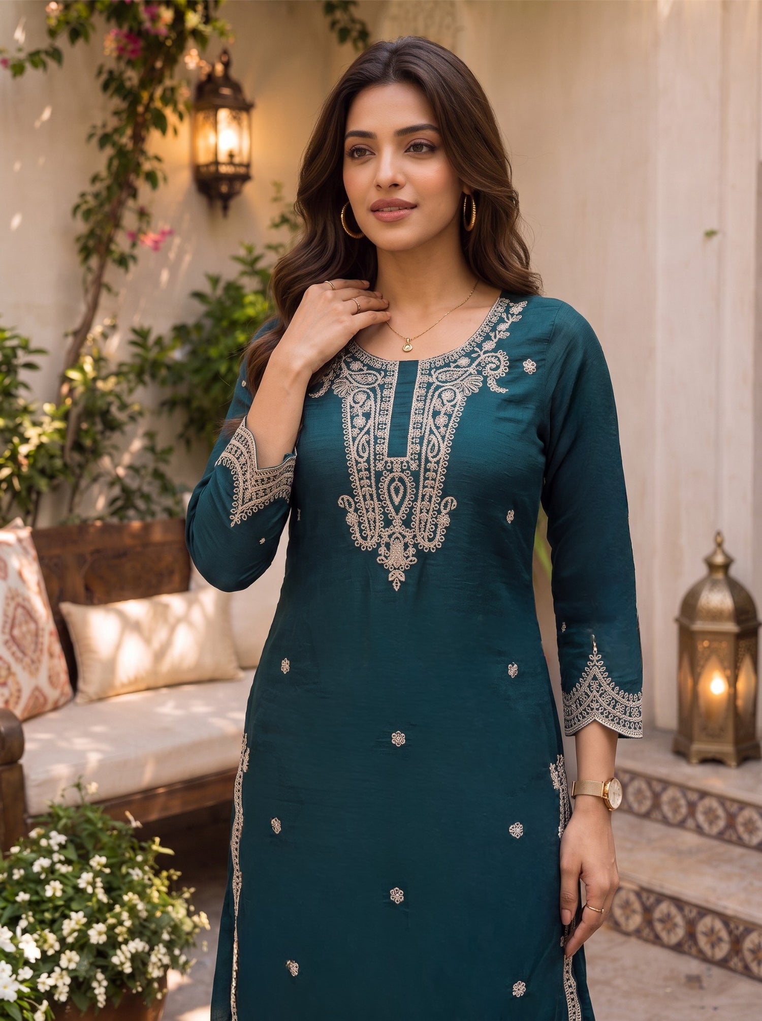 Buy Viscose Embroidered Straight Knee Length Kurta With Pant and Dupatta-Green