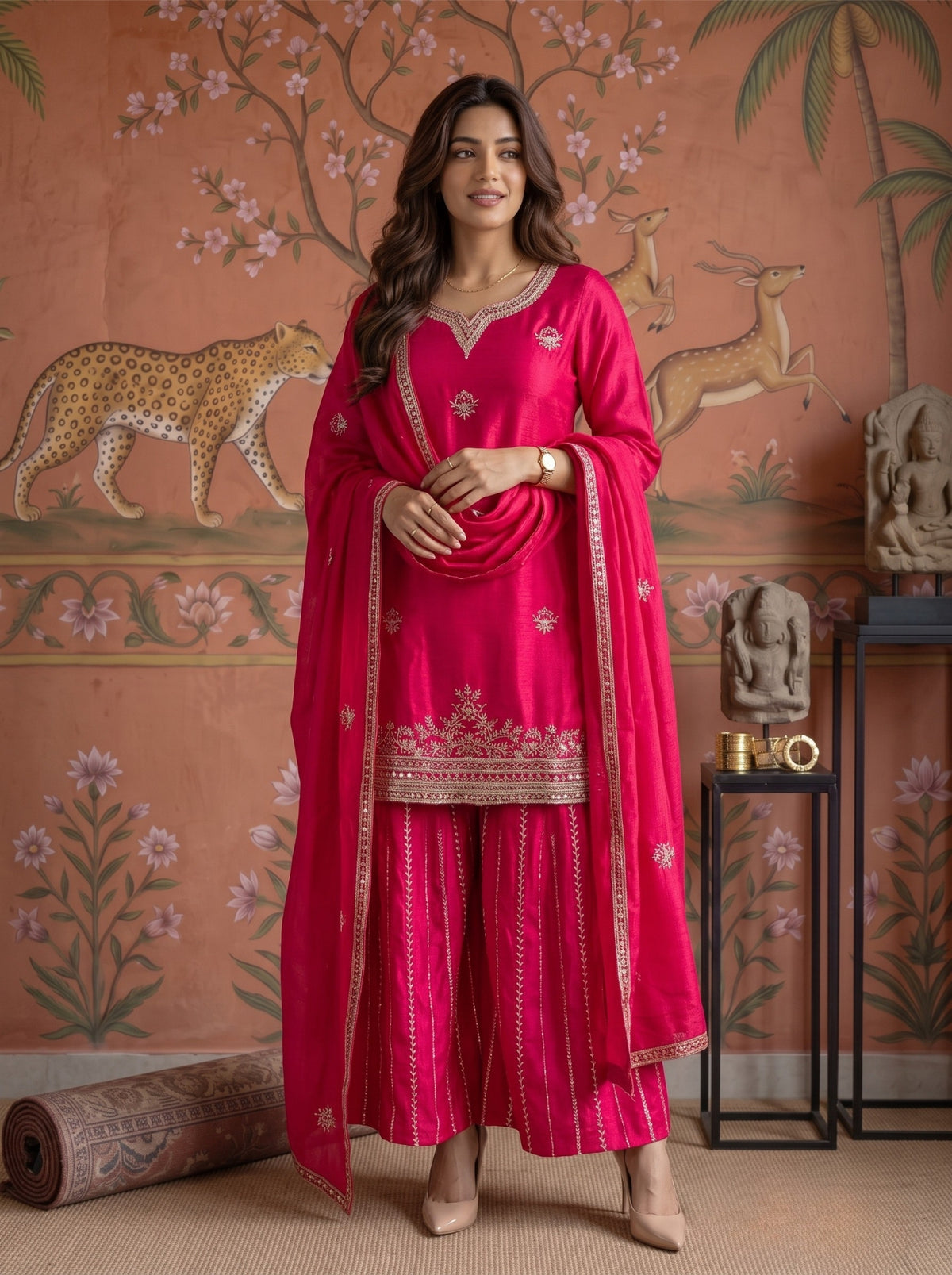 Buy Viscose Embroidered Straight Knee Length Kurta With Pant and Dupatta-Fuchsia