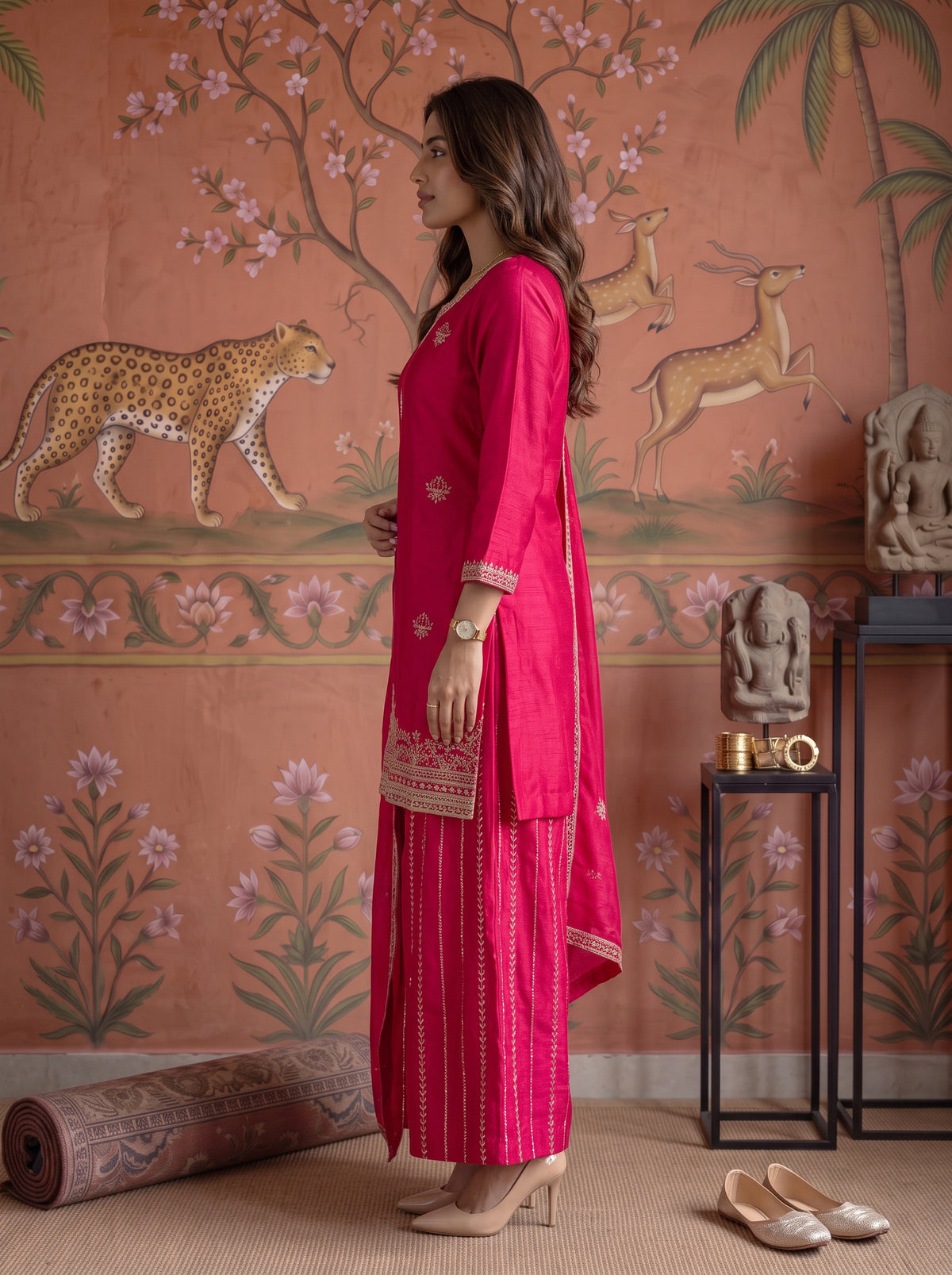 Viscose Embroidered Straight Knee Length Kurta With Pant and Dupatta