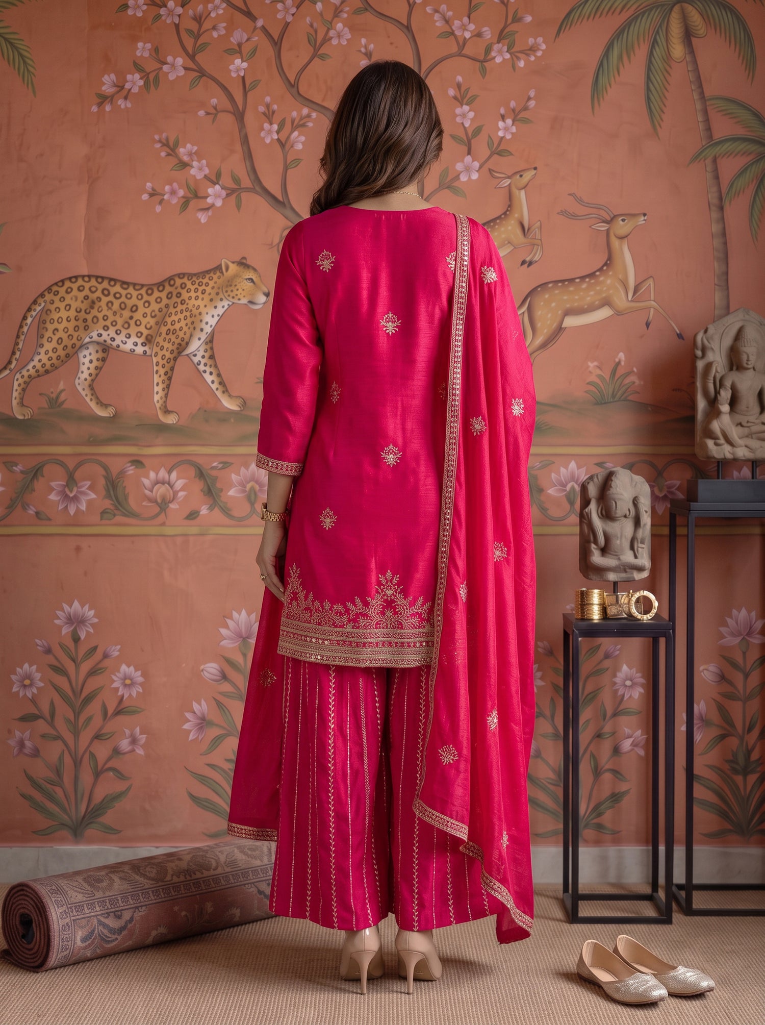 Buy Viscose Embroidered Straight Knee Length Kurta With Pant and Dupatta-Fuchsia