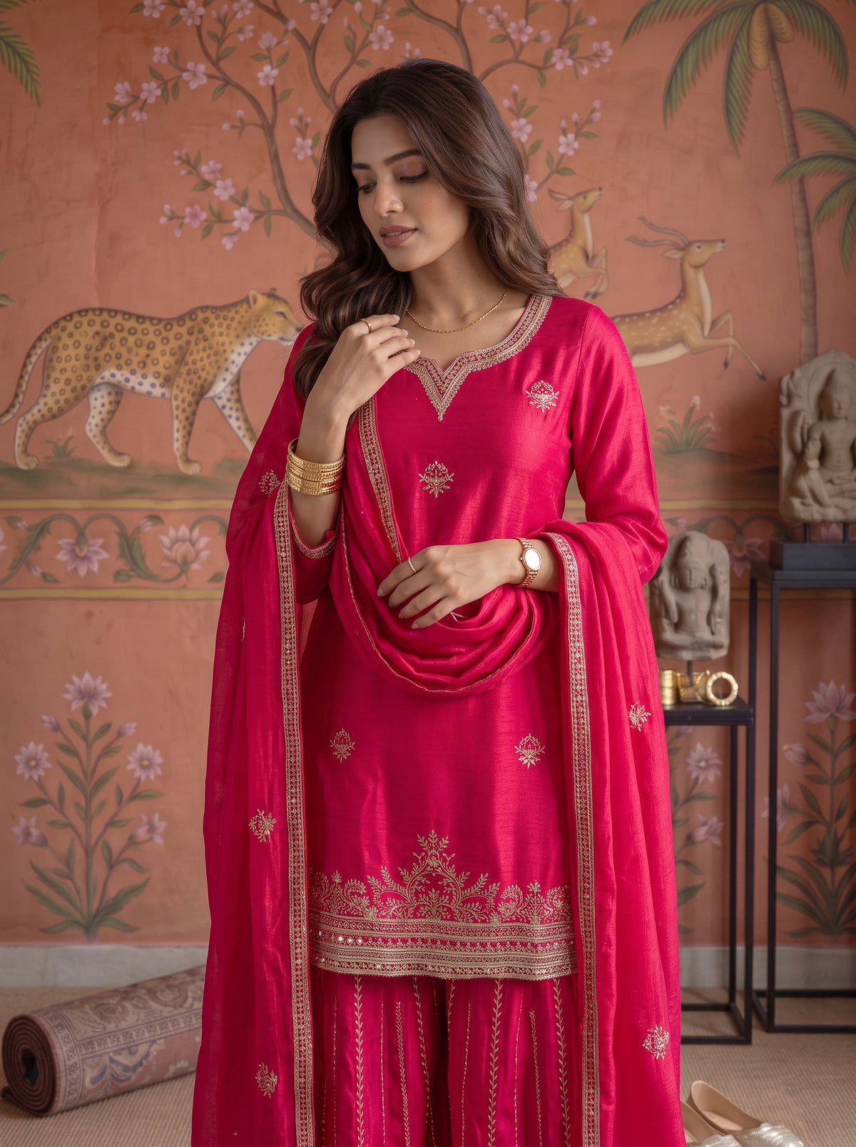 Buy Viscose Embroidered Straight Knee Length Kurta With Pant and Dupatta-Fuchsia