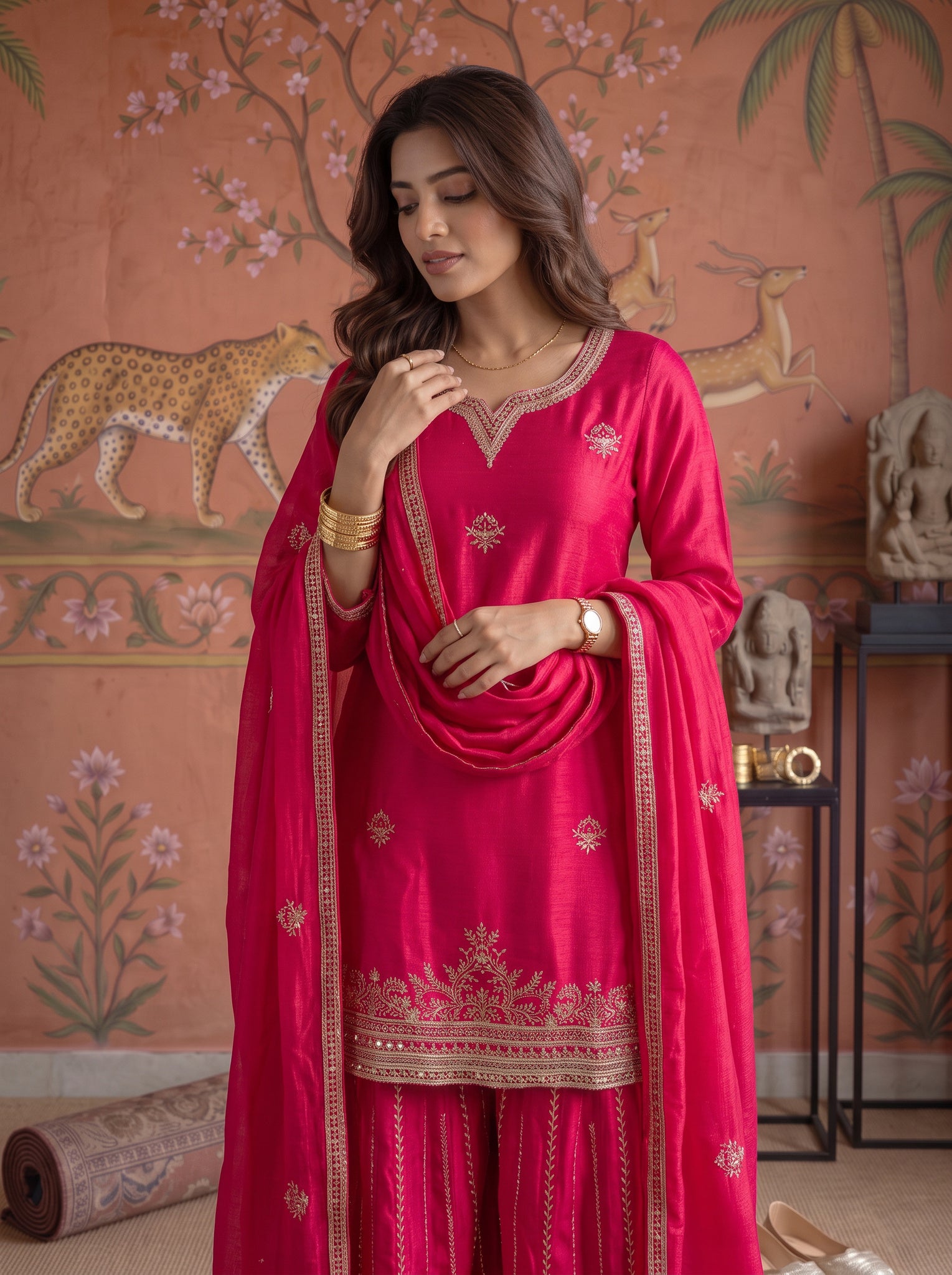 Viscose Embroidered Straight Knee Length Kurta With Pant and Dupatta