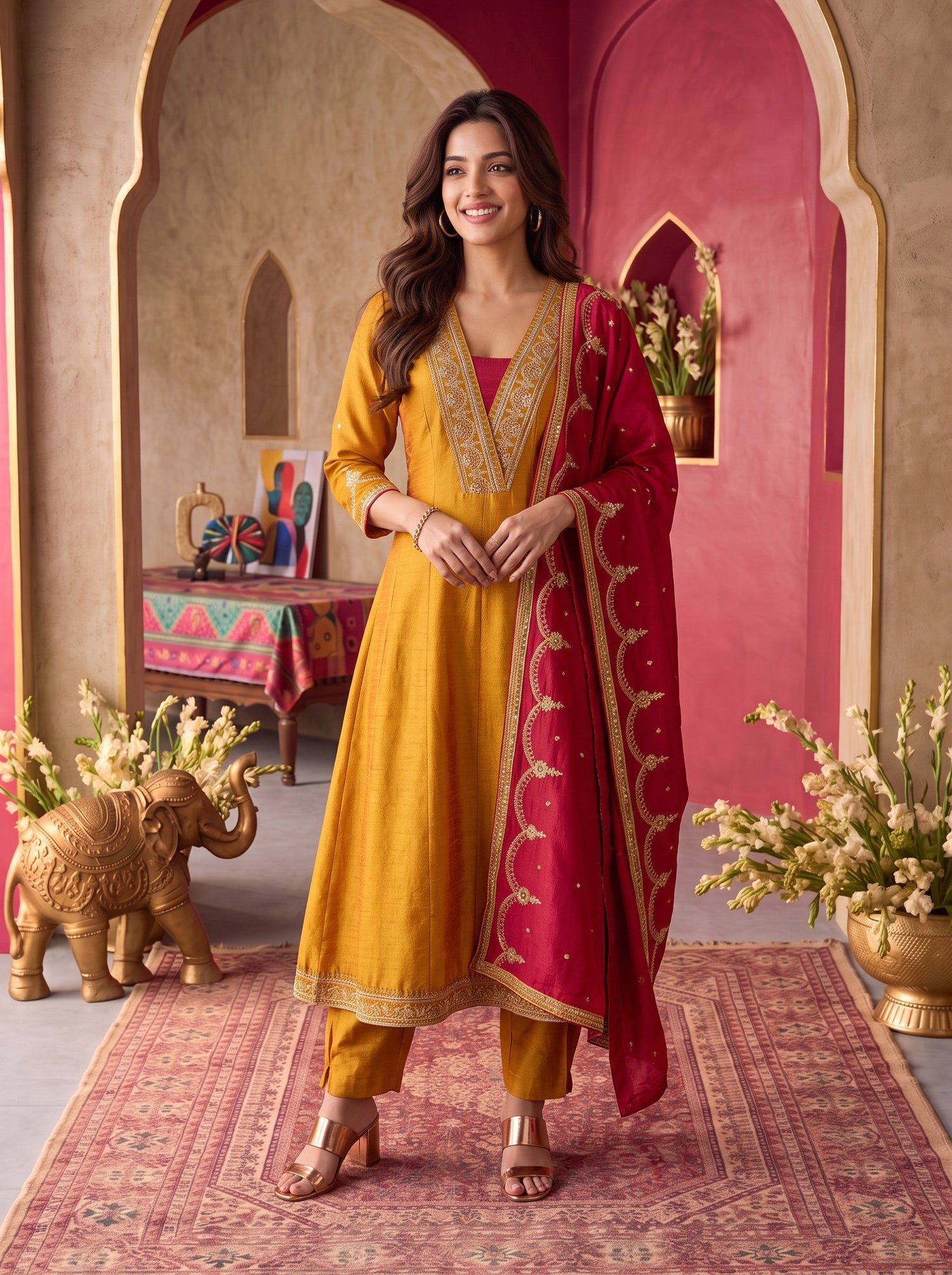 Buy Viscose Embroidered Flared Calf Length Kurta With Pant and Dupatta-Mustard
