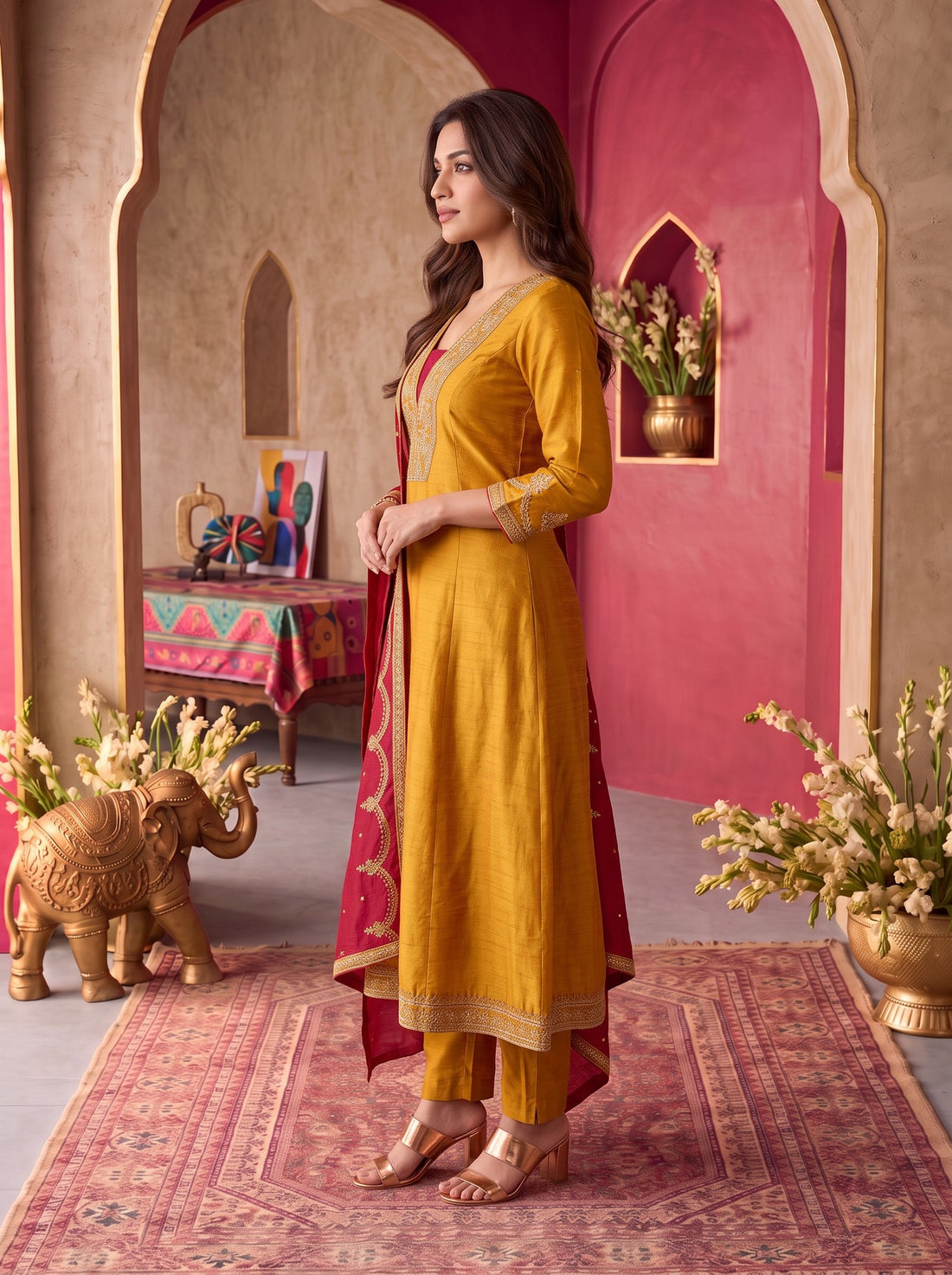 Buy Viscose Embroidered Flared Calf Length Kurta With Pant and Dupatta-Mustard