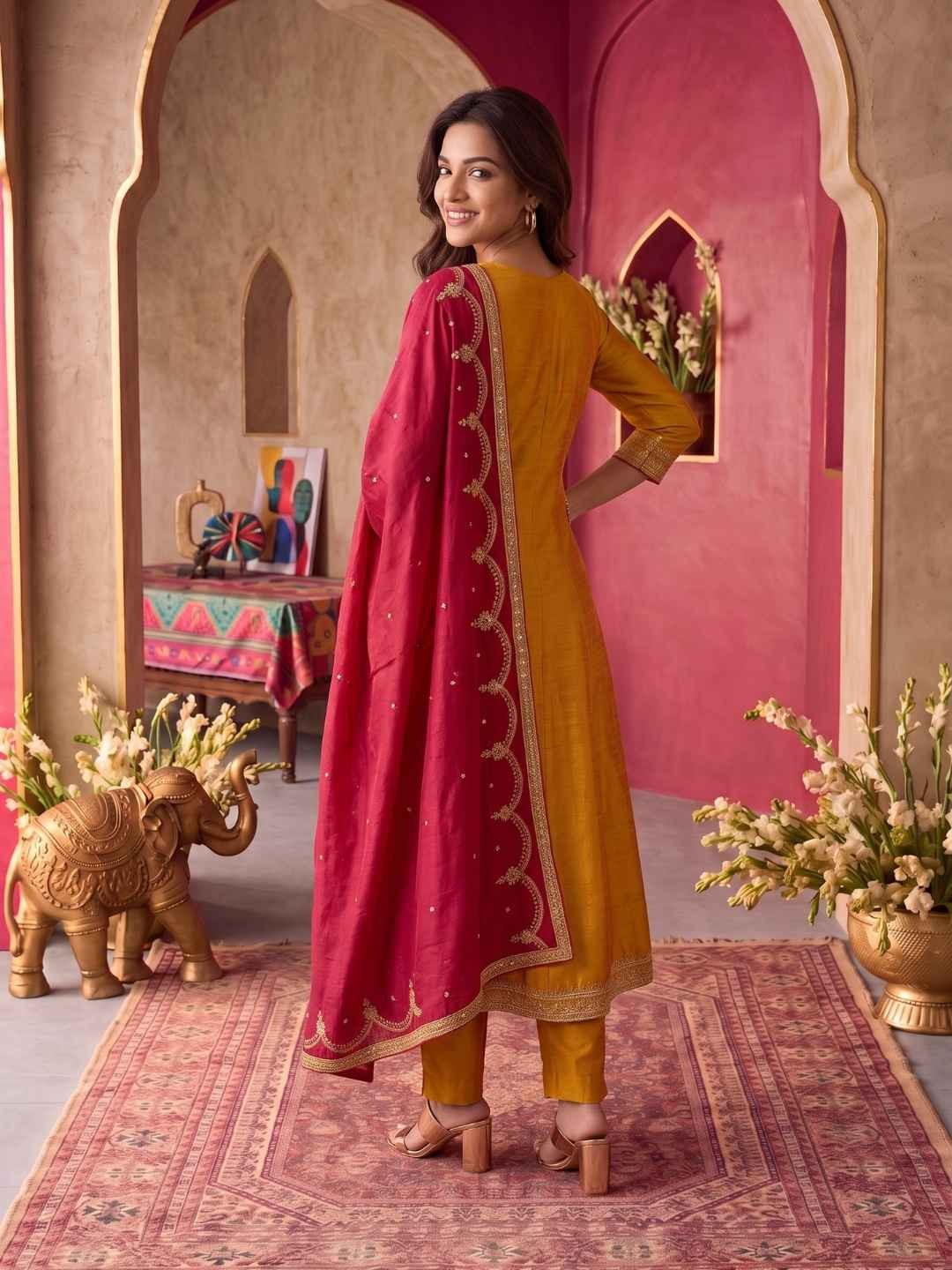 Viscose Embroidered Flared Calf Length Kurta With Pant and Dupatta