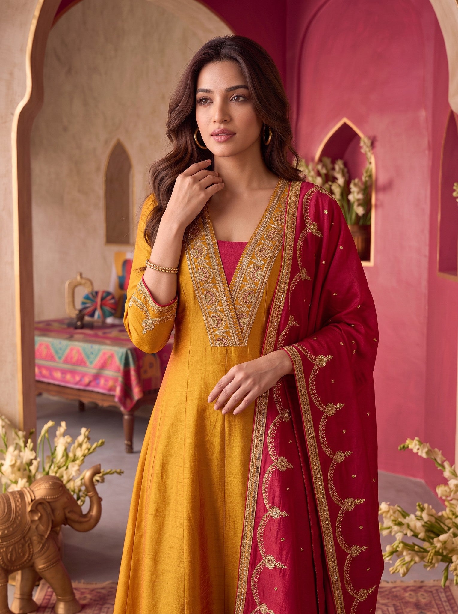 Viscose Embroidered Flared Calf Length Kurta With Pant and Dupatta