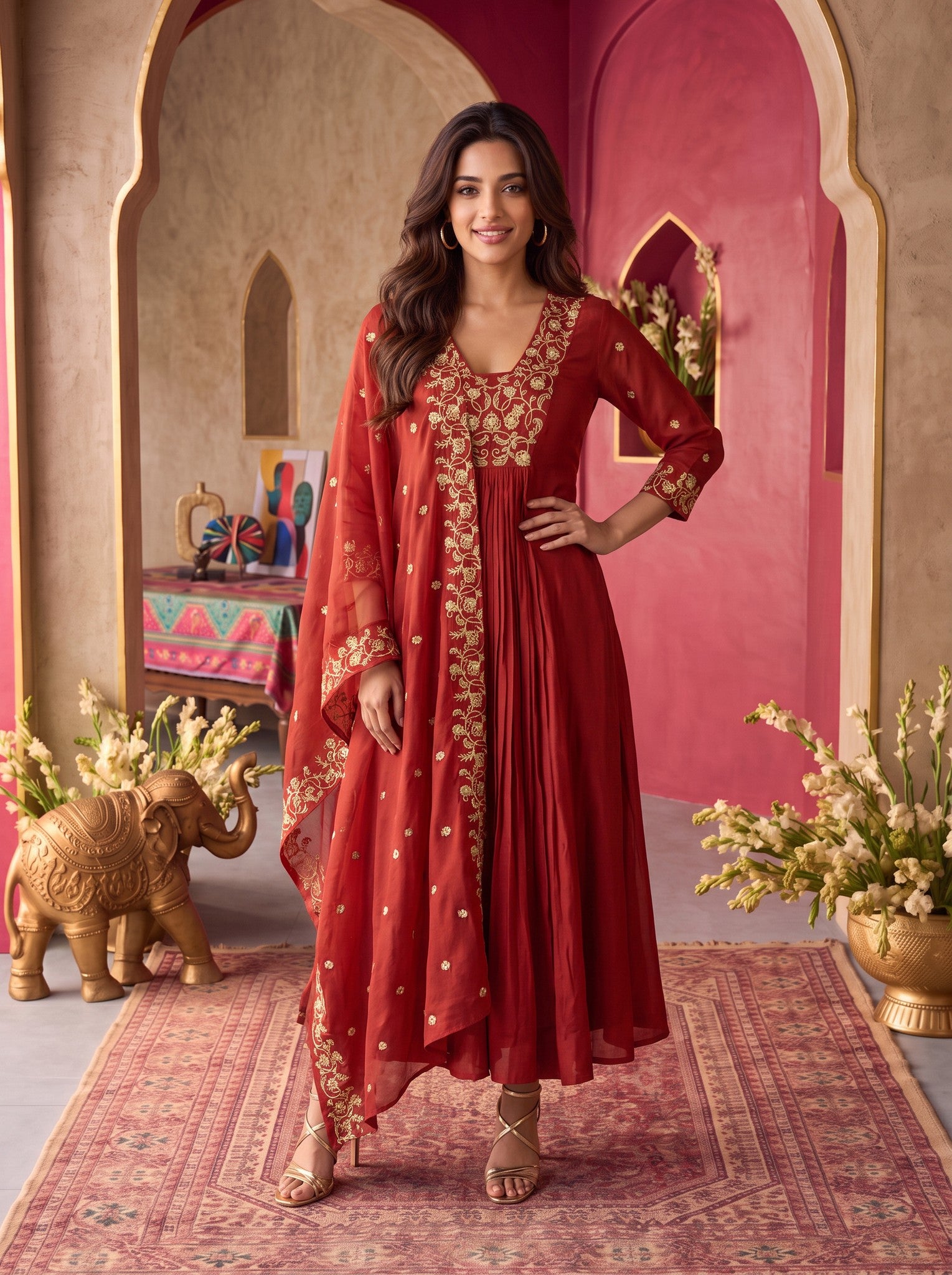 Viscose Embroidered Flared Calf Length Kurta With Pant and Dupatta