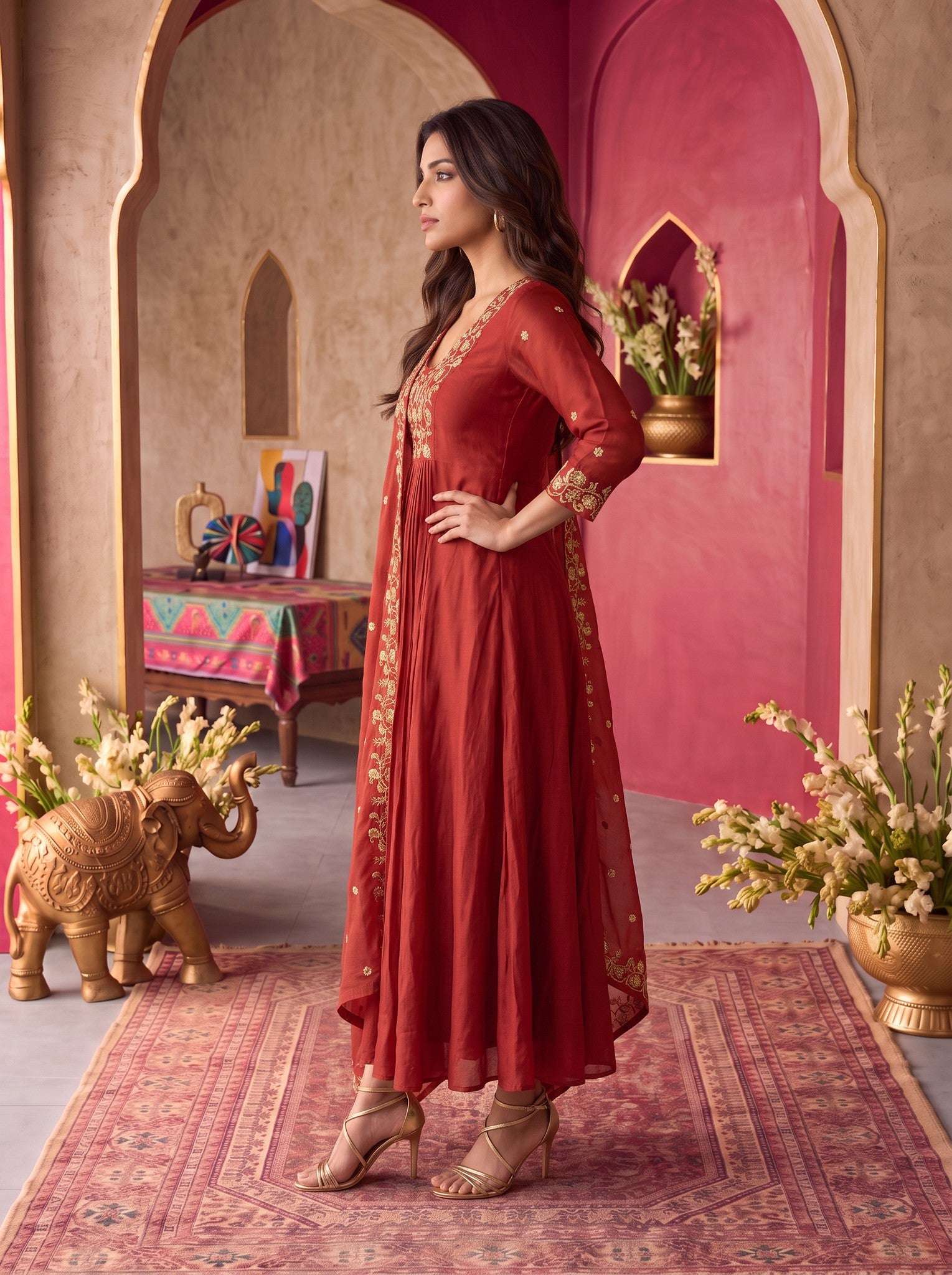 Viscose Embroidered Flared Calf Length Kurta With Pant and Dupatta
