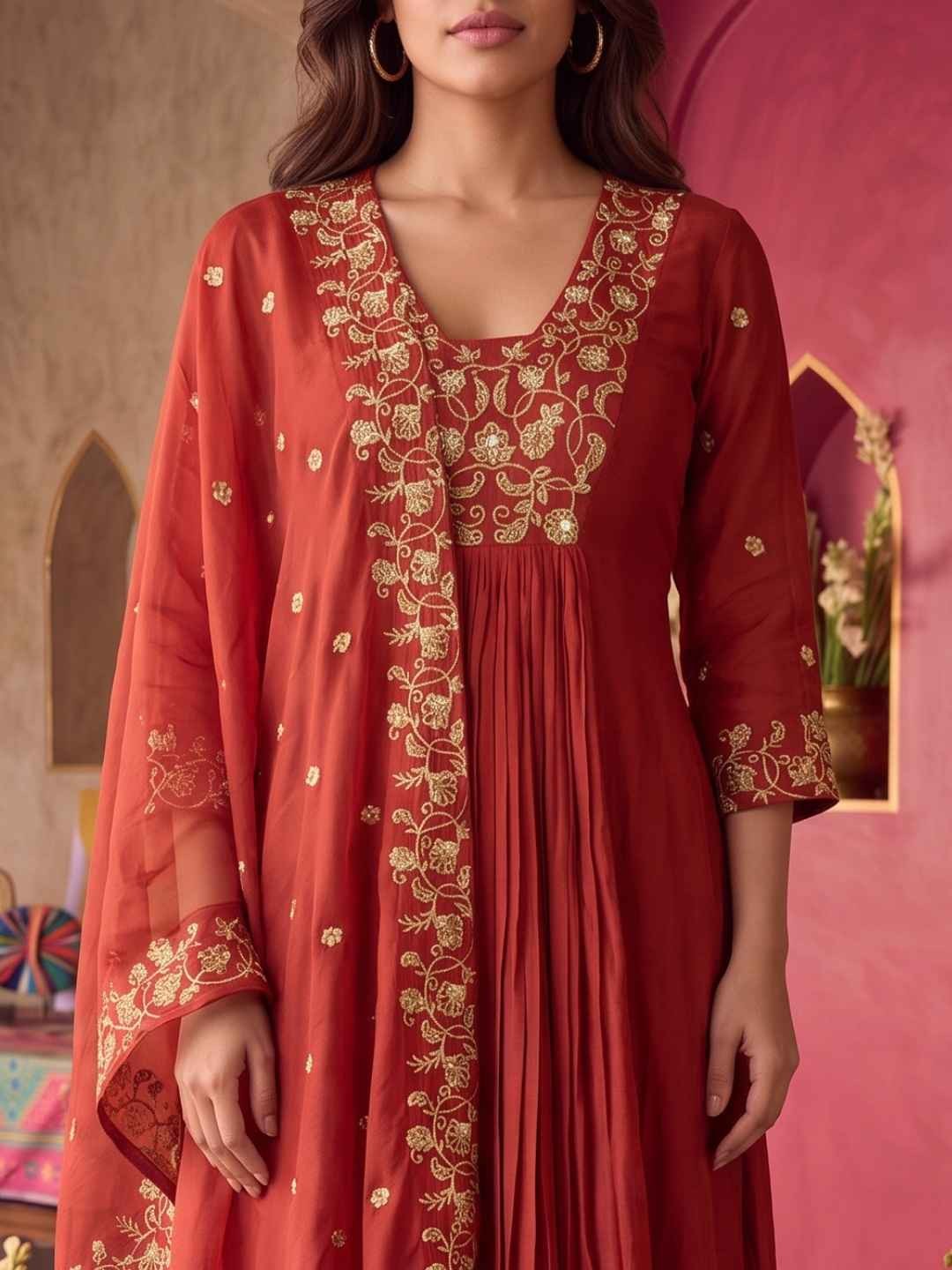 Viscose Embroidered Flared Calf Length Kurta With Pant and Dupatta