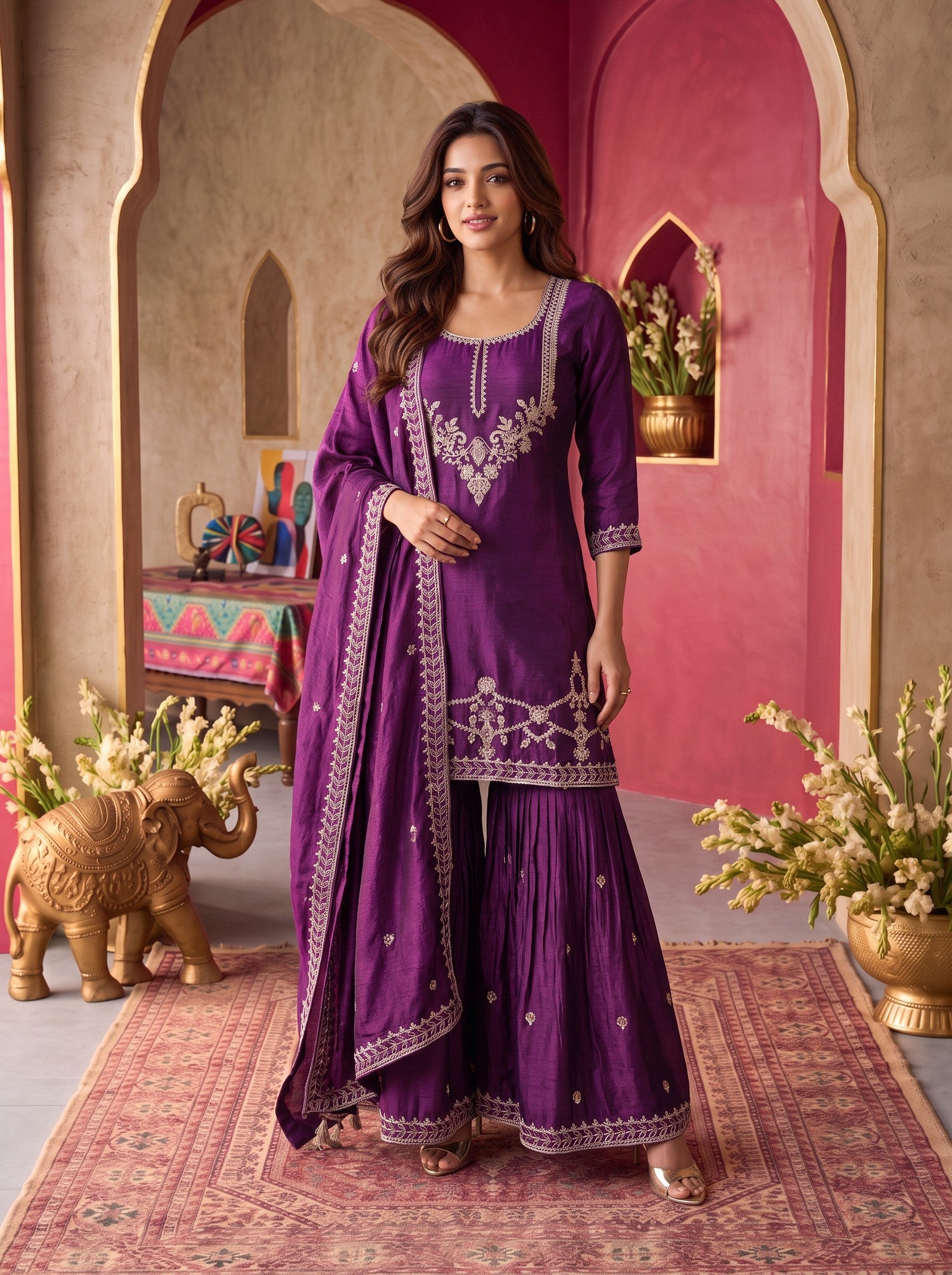 Viscose Embroidered Straight Knee Length Kurta With Pant and Dupatta
