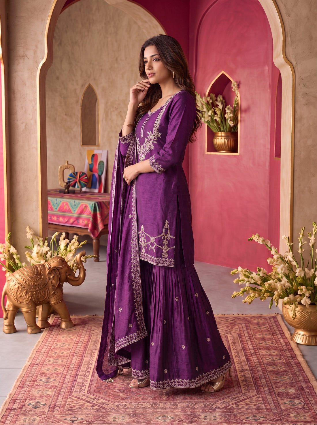Buy Viscose Embroidered Straight Knee Length Kurta With Pant and Dupatta-Purple