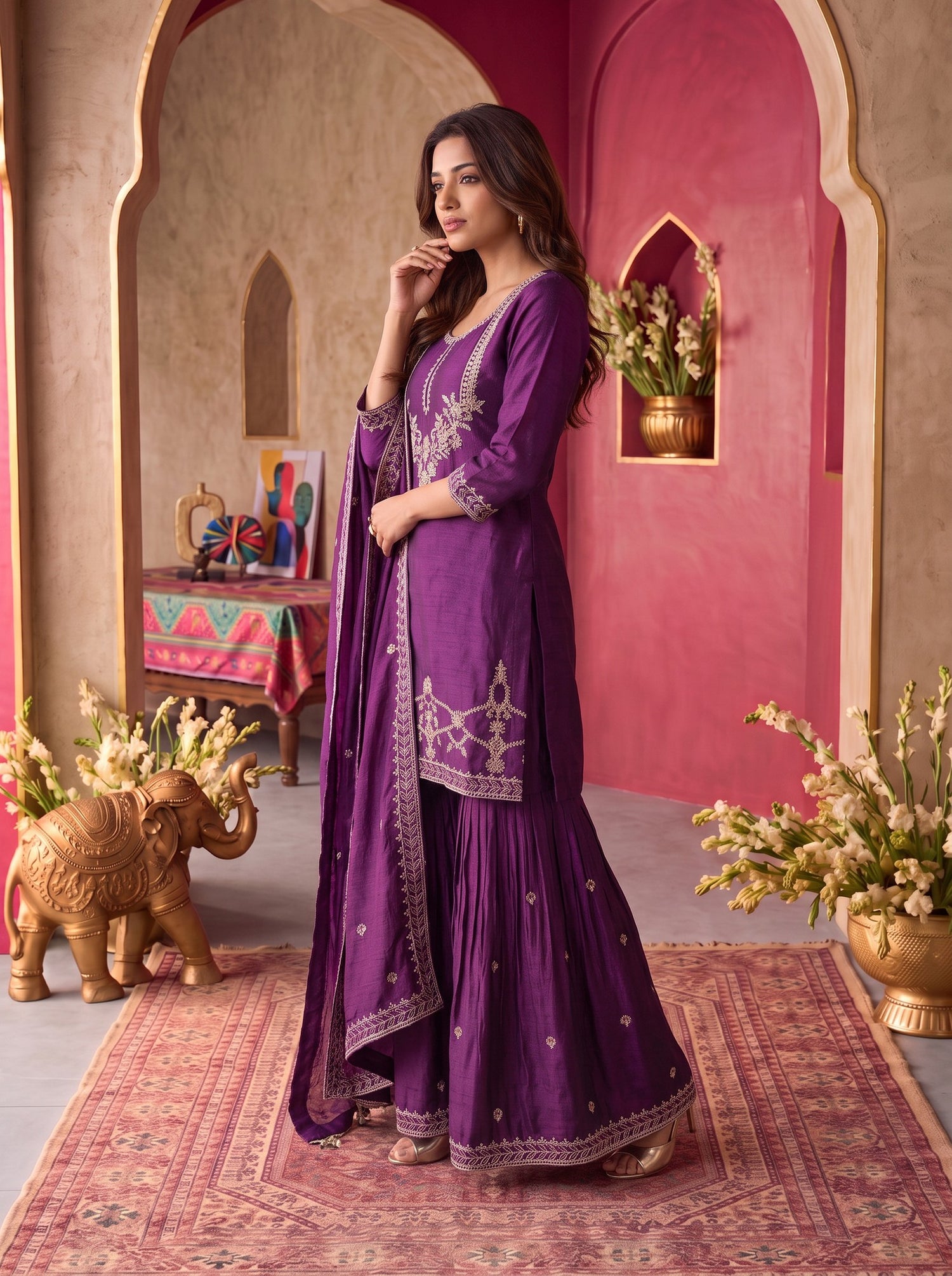 Buy Viscose Embroidered Straight Knee Length Kurta With Pant and Dupatta-Purple