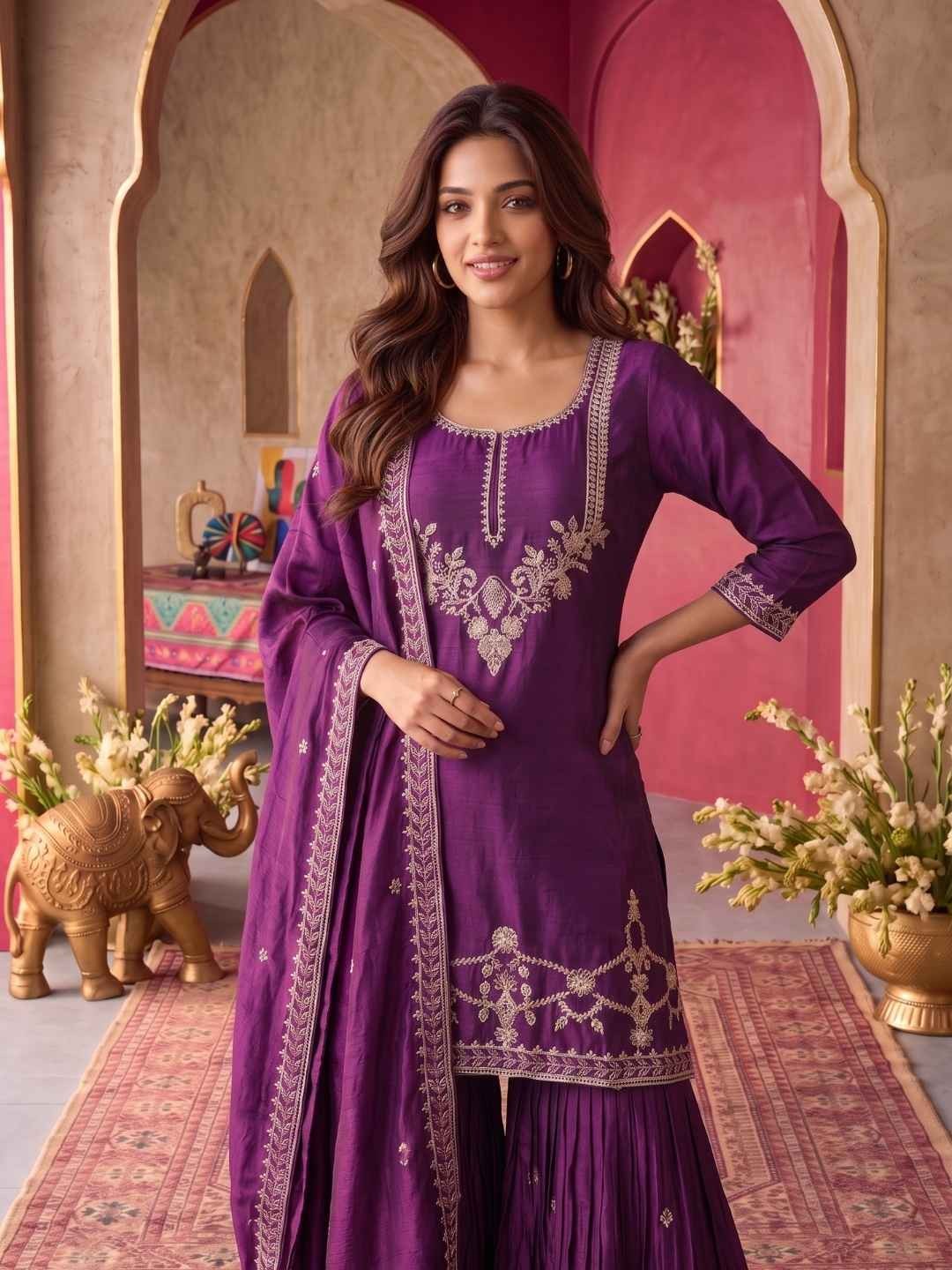 Buy Viscose Embroidered Straight Knee Length Kurta With Pant and Dupatta-Purple