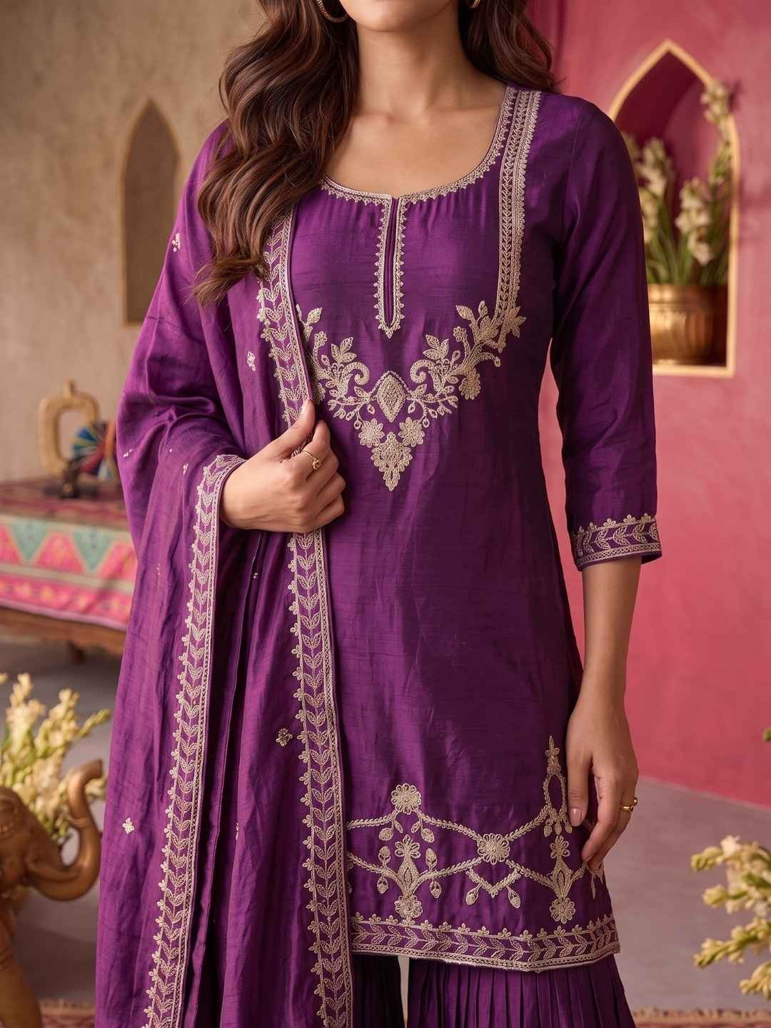 Buy Viscose Embroidered Straight Knee Length Kurta With Pant and Dupatta-Purple