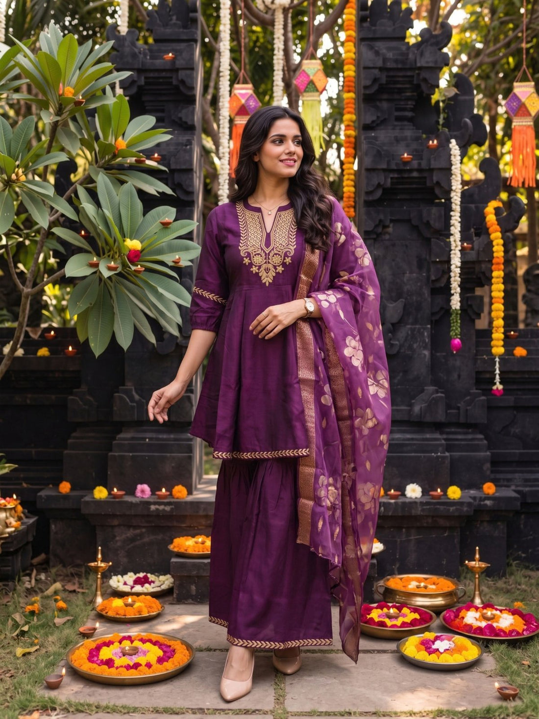 Buy Viscose Embroidered Peplum Calf Length Kurta With Pant and Dupatta-Wine