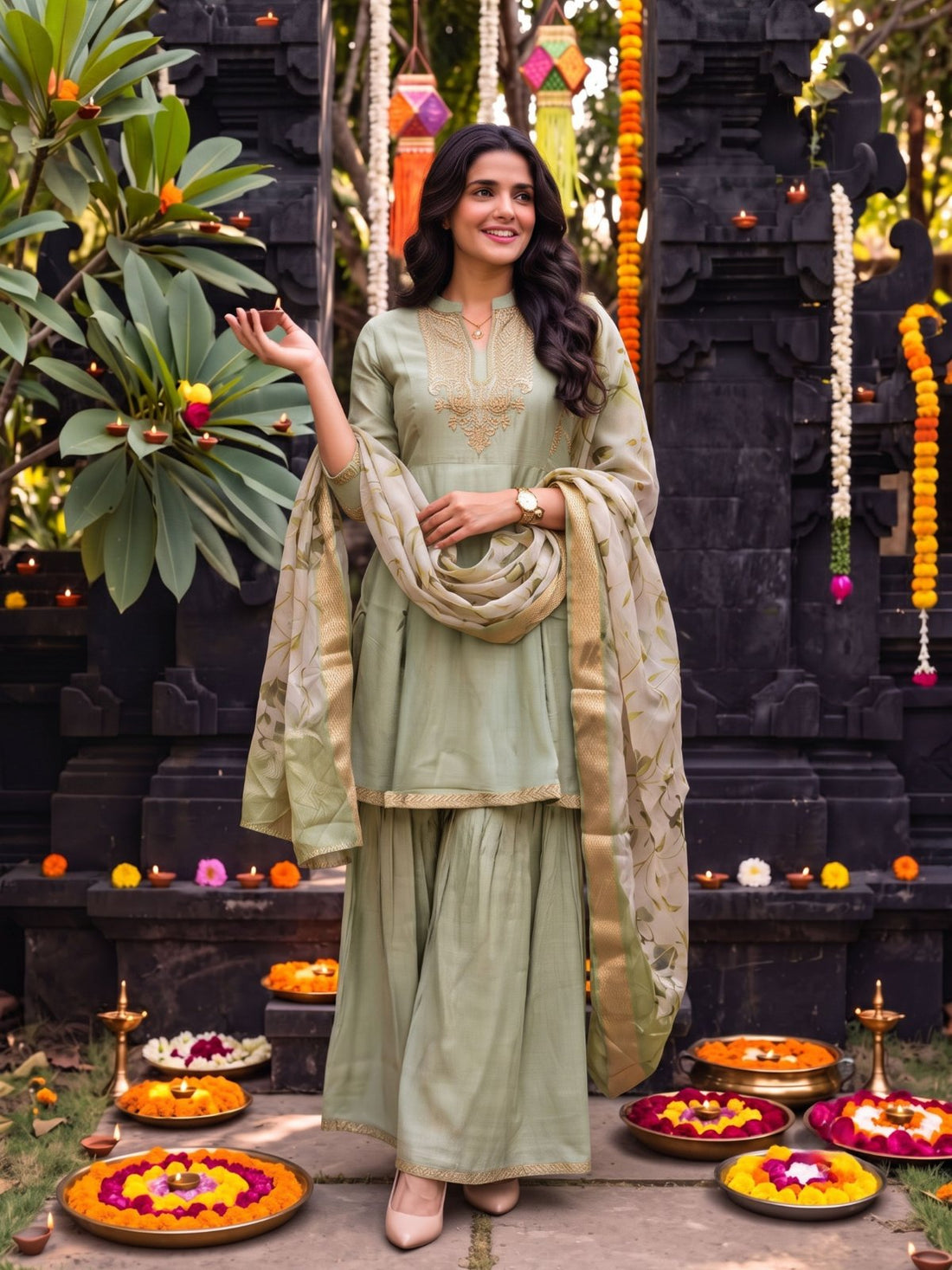 Buy Viscose Embroidered Peplum Calf Length Kurta With Pant and Dupatta-Green