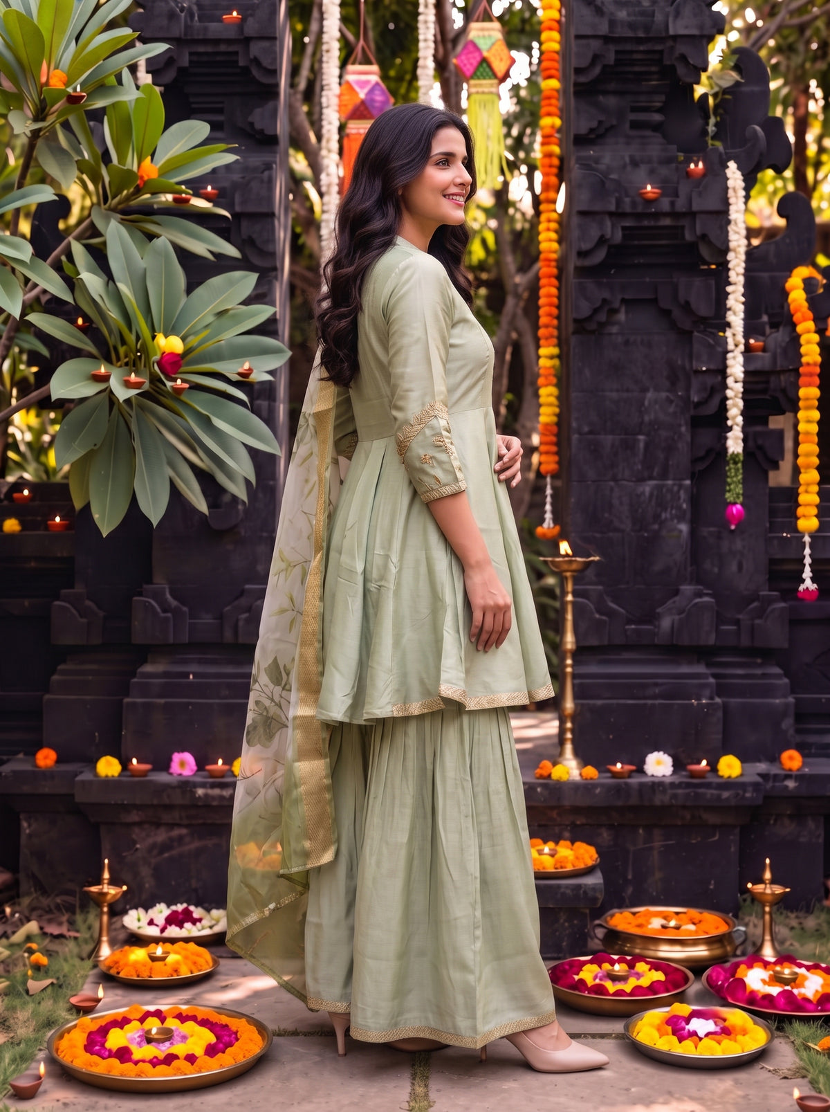 Buy Viscose Embroidered Peplum Calf Length Kurta With Pant and Dupatta-Green