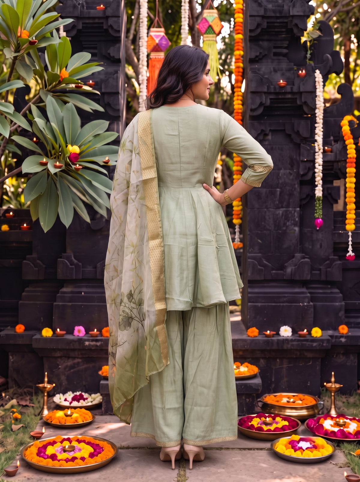 Viscose Embroidered Peplum Calf Length Kurta With Pant and Dupatta