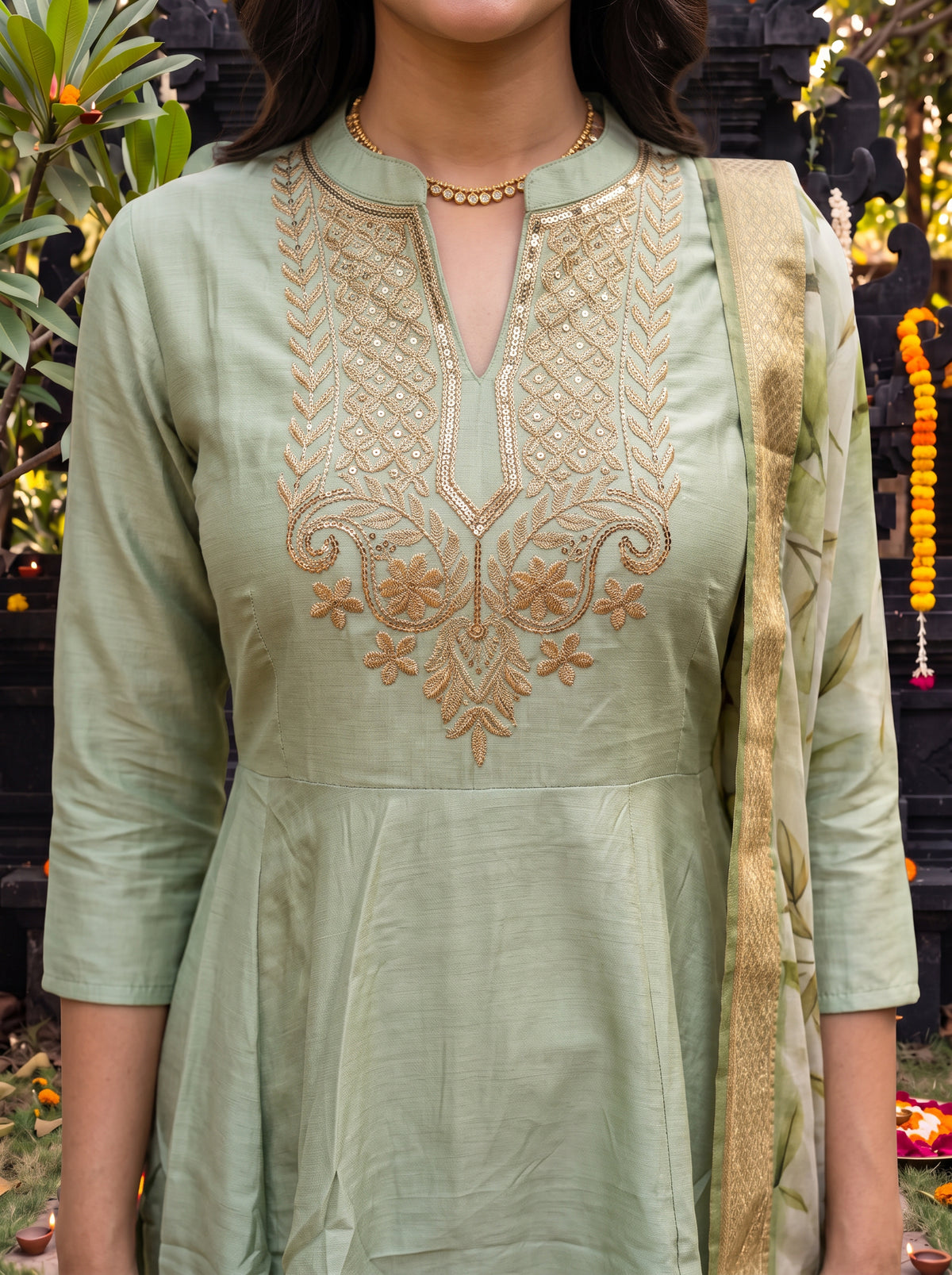 Buy Viscose Embroidered Peplum Calf Length Kurta With Pant and Dupatta-Green