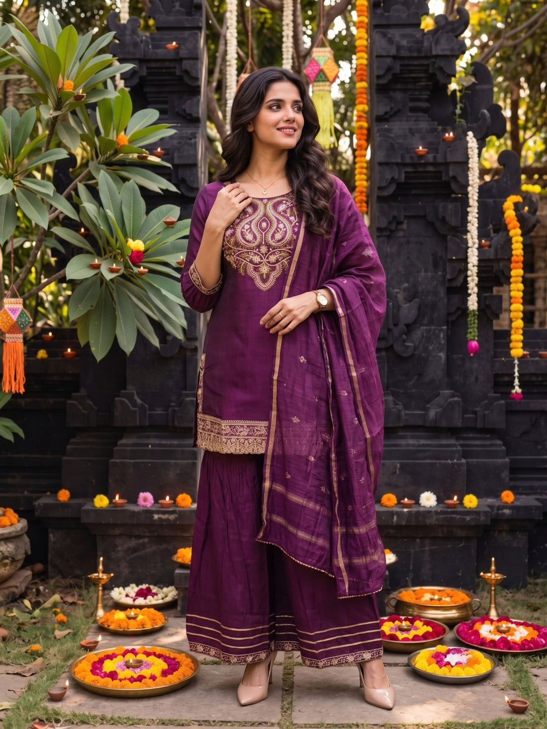 Buy Viscose Embroidered Straight Calf Length Kurta With Pant and Dupatta-Wine
