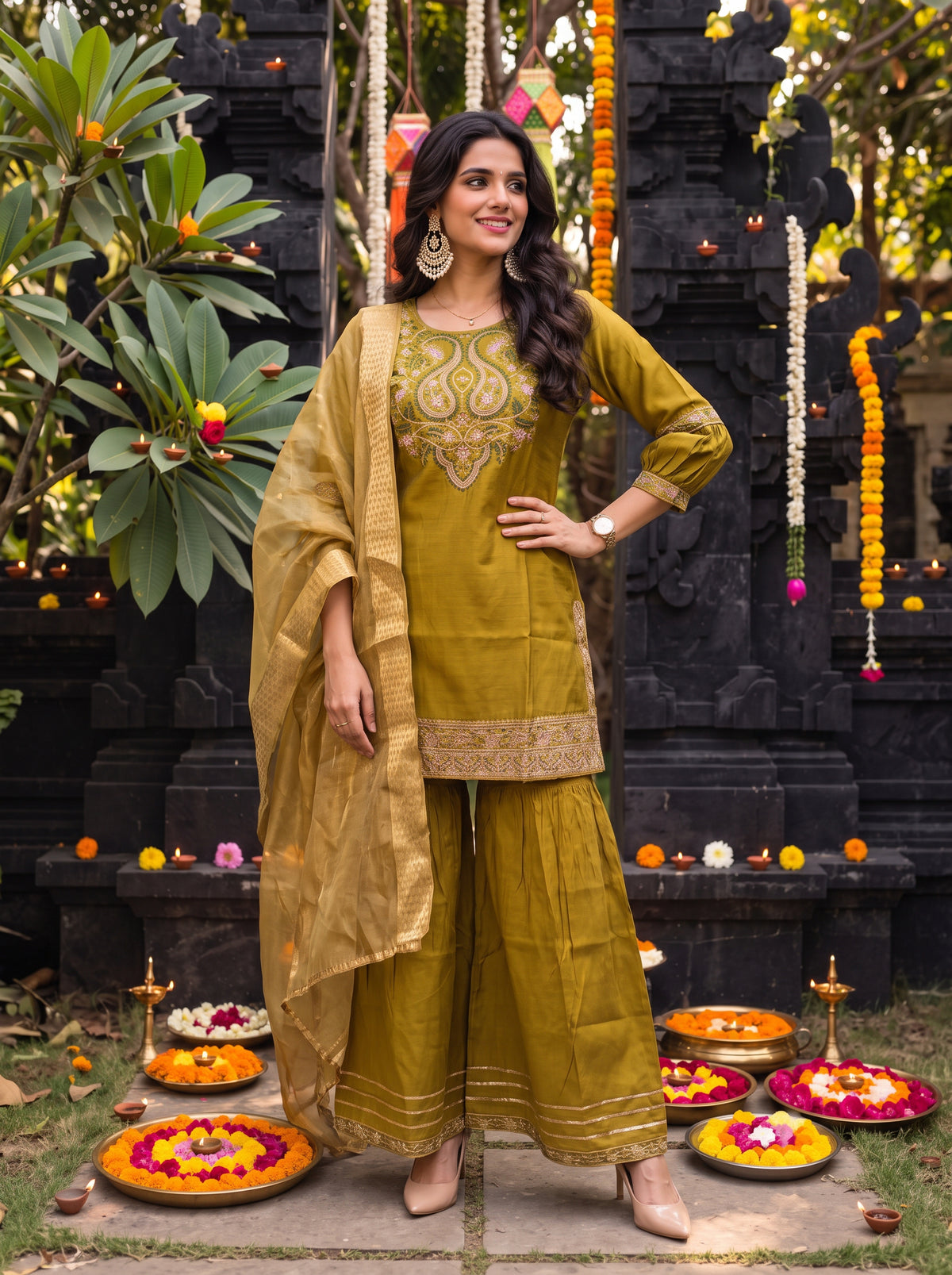 Buy Viscose Embroidered Straight Calf Length Kurta With Pant and Dupatta-Olive