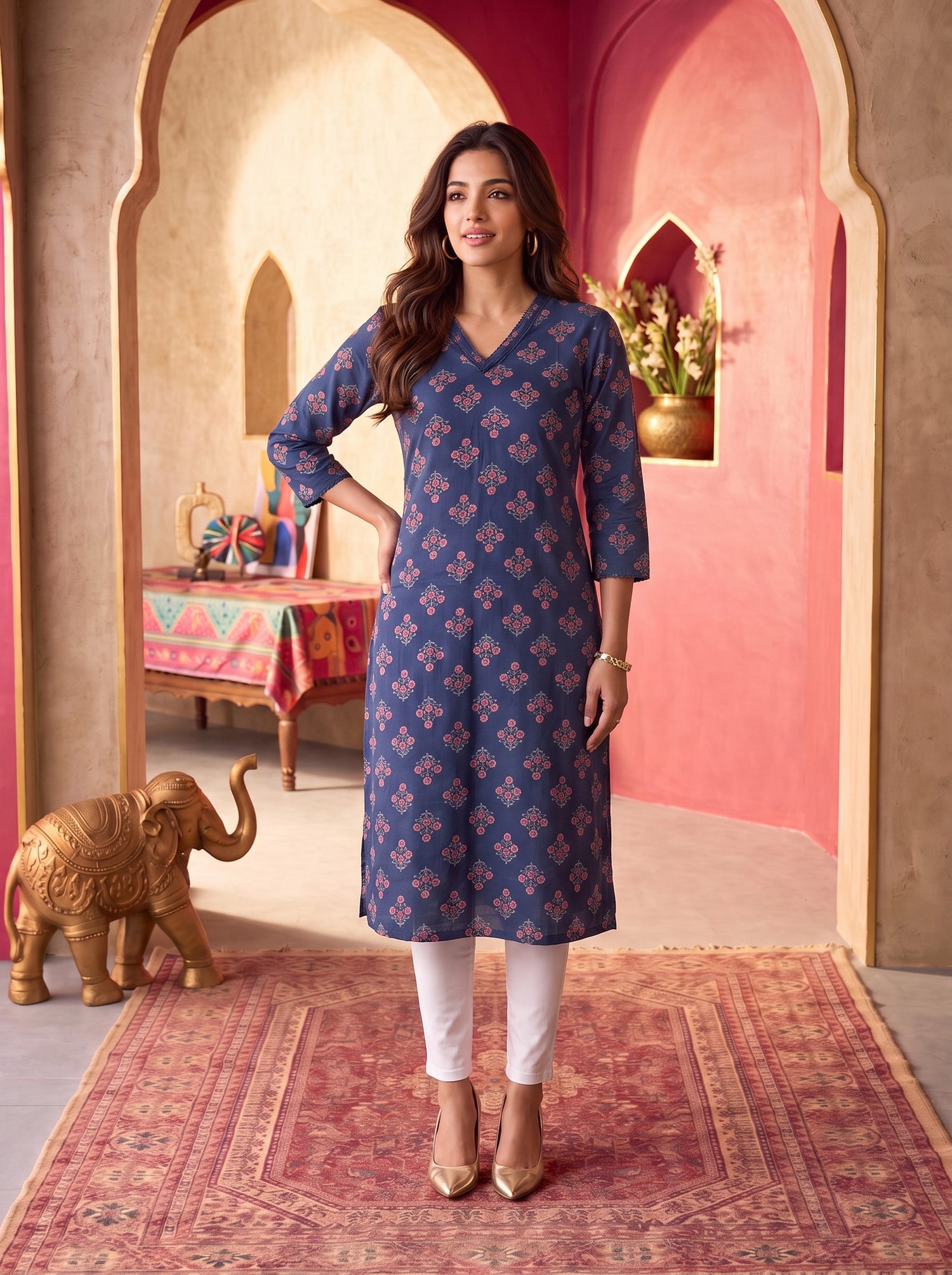 Buy Rayon Printed Straight Knee Length Kurta-Blue