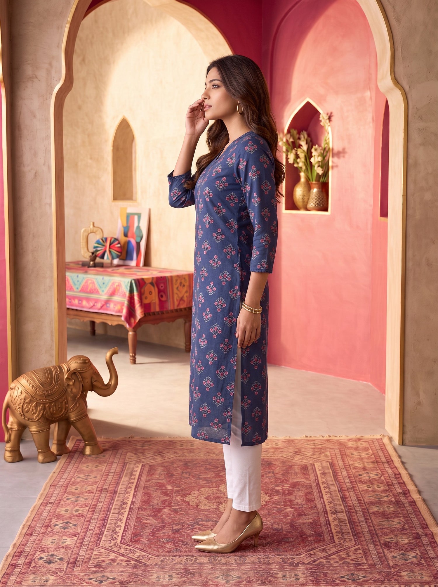 Buy Rayon Printed Straight Knee Length Kurta-Blue