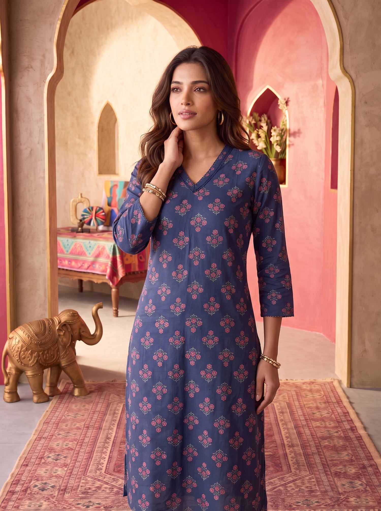 Buy Rayon Printed Straight Knee Length Kurta-Blue
