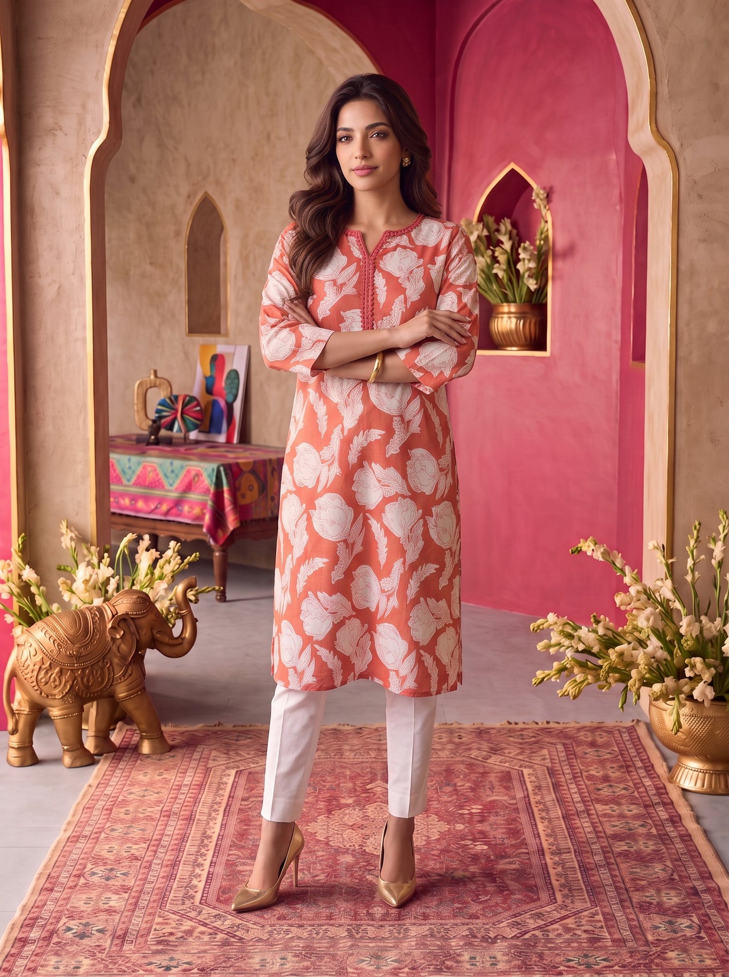 Buy Rayon Printed Straight Knee Length Kurta-Coral