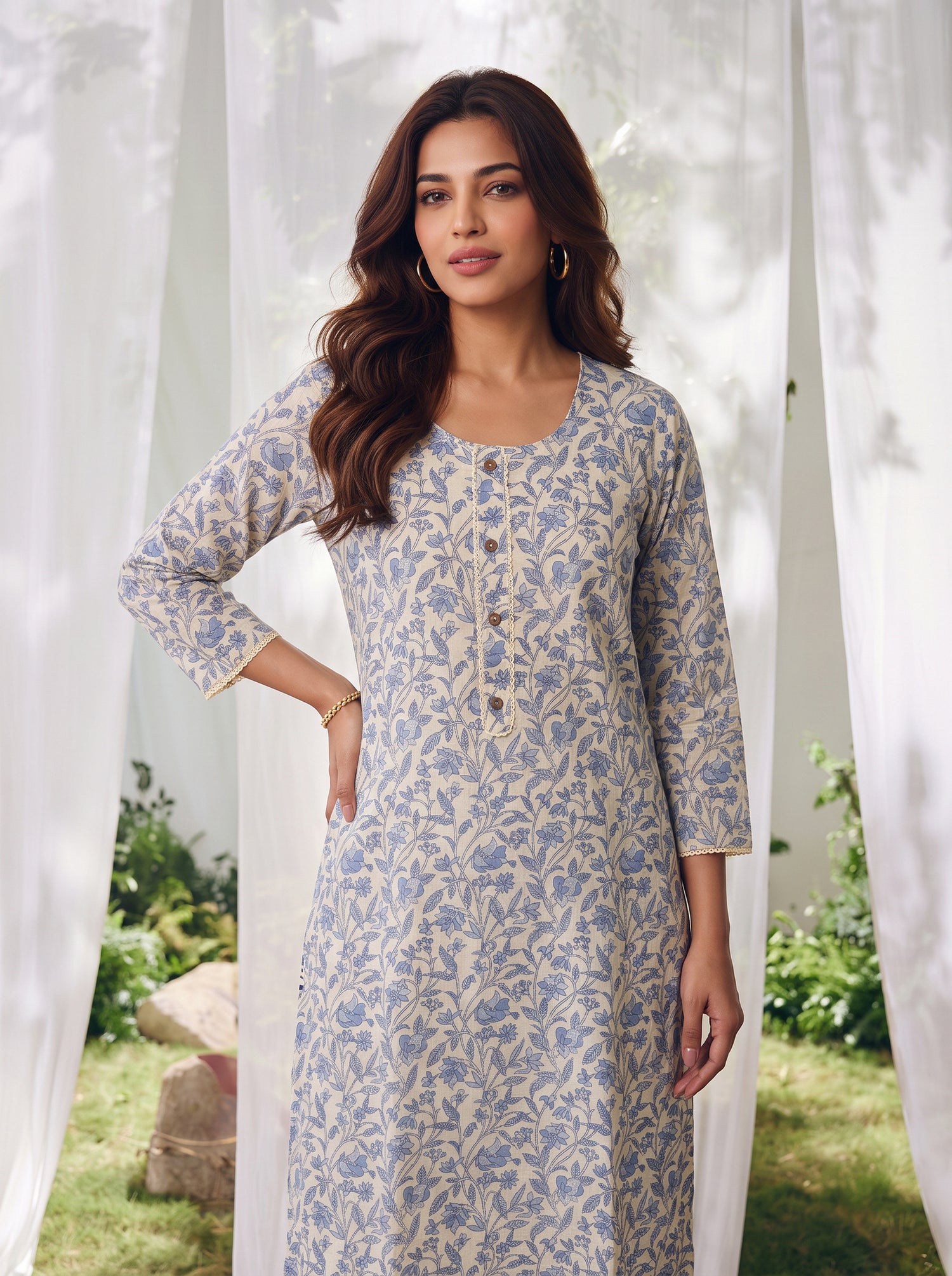 Buy Cotton Printed Straight Knee Length Kurta-Off White