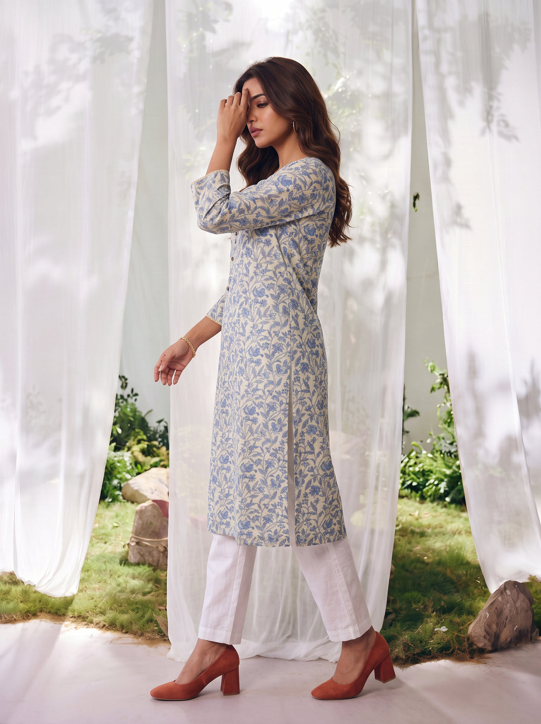 Buy Cotton Printed Straight Knee Length Kurta-Off White