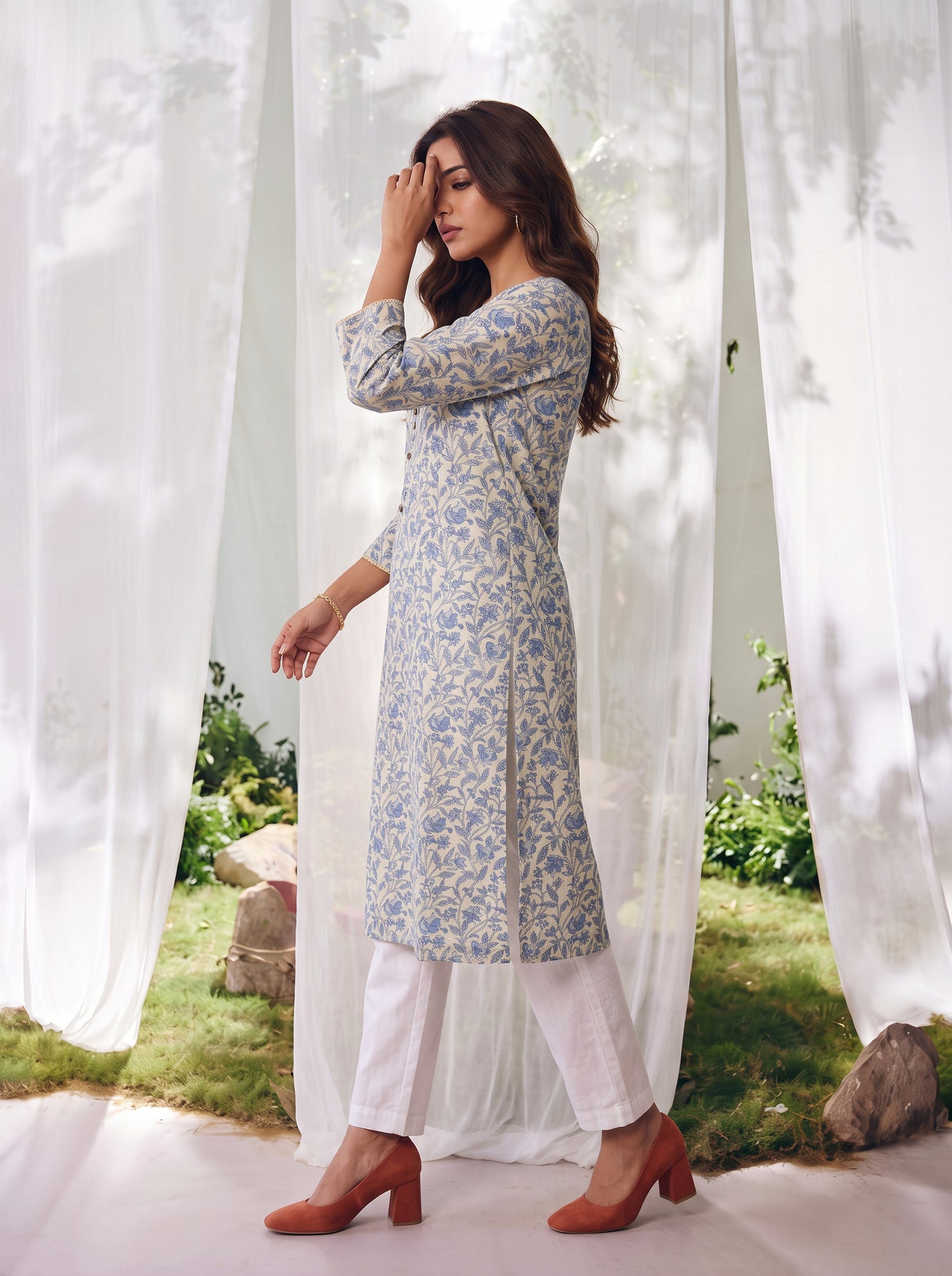 Buy Cotton Printed Straight Knee Length Kurta-Off White