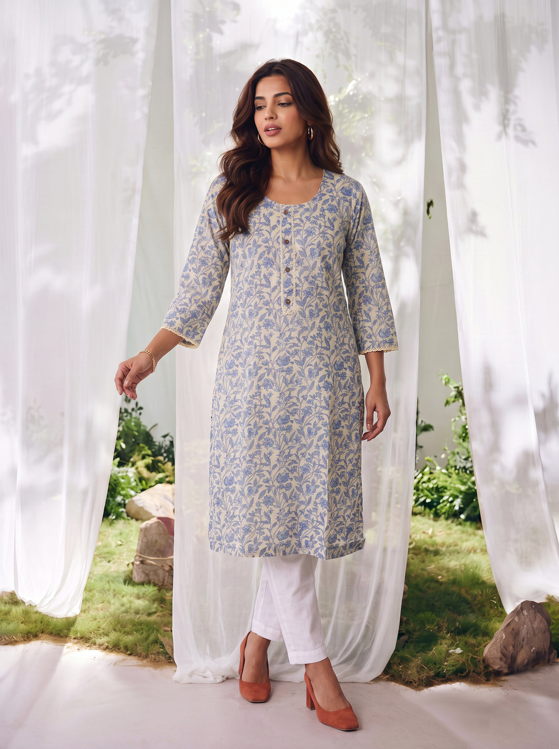 Buy Cotton Printed Straight Knee Length Kurta-Off White