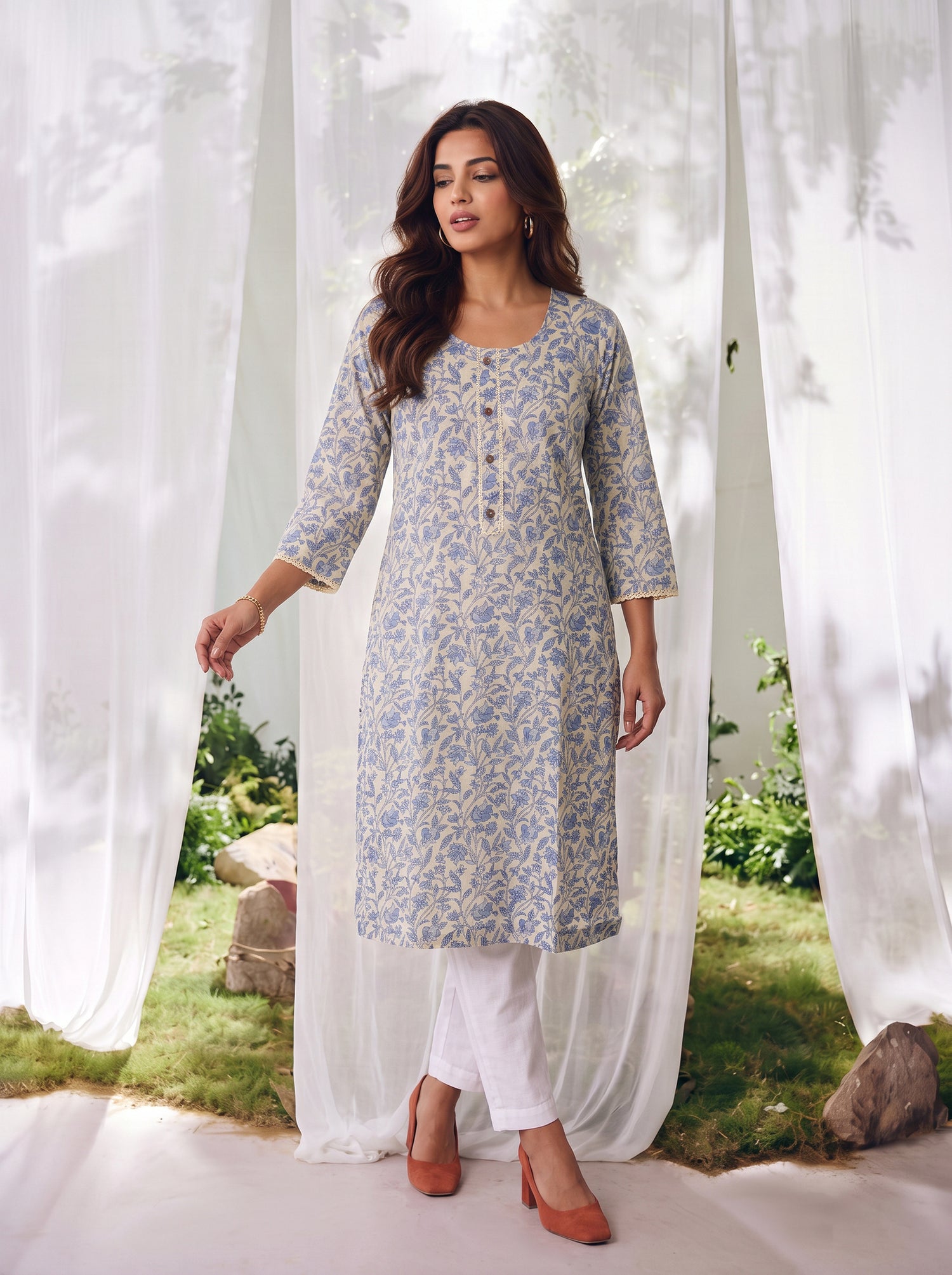 Buy Cotton Printed Straight Knee Length Kurta-Off White