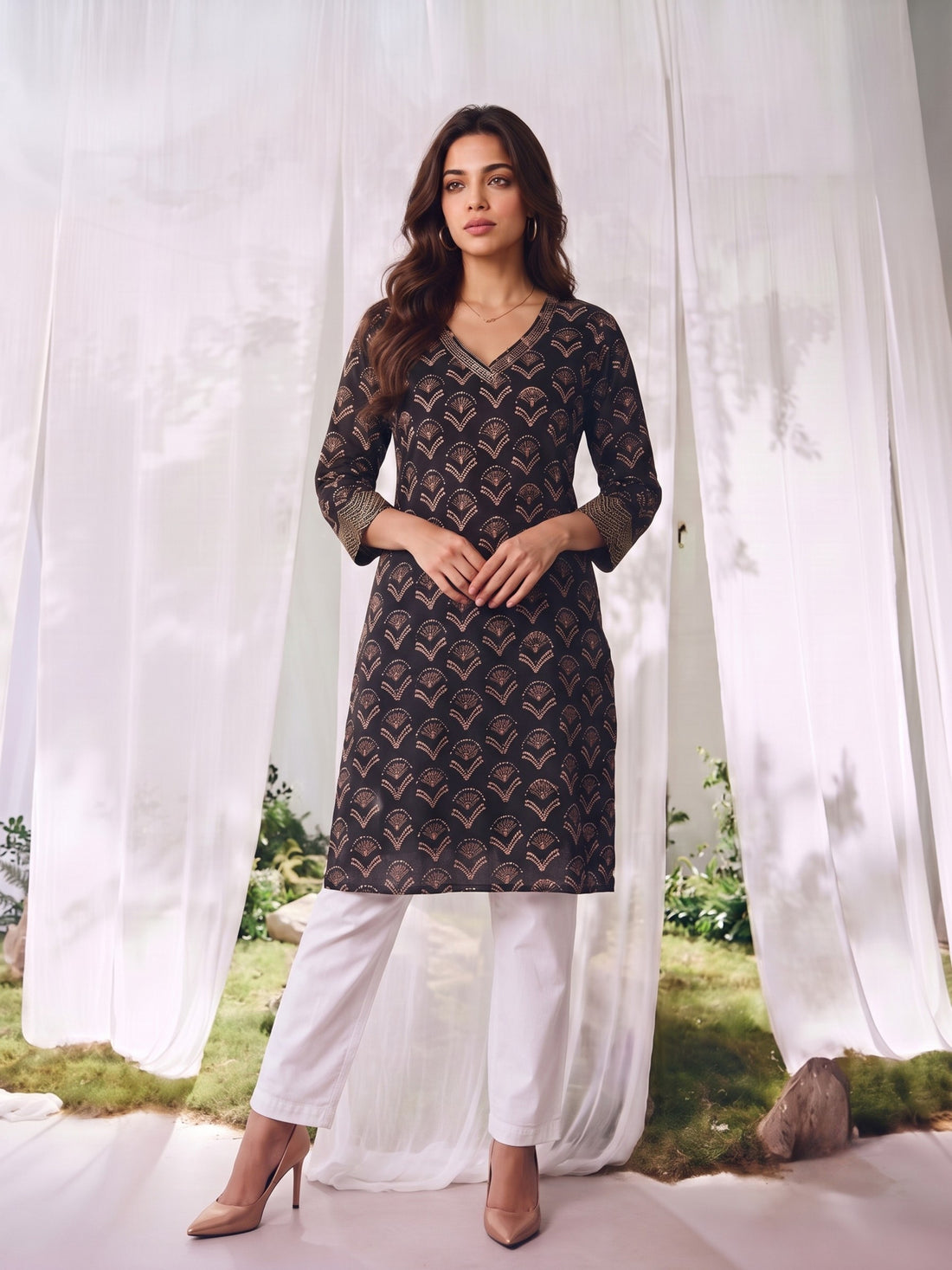 Buy Rayon Printed Straight Knee Length Kurta-Black