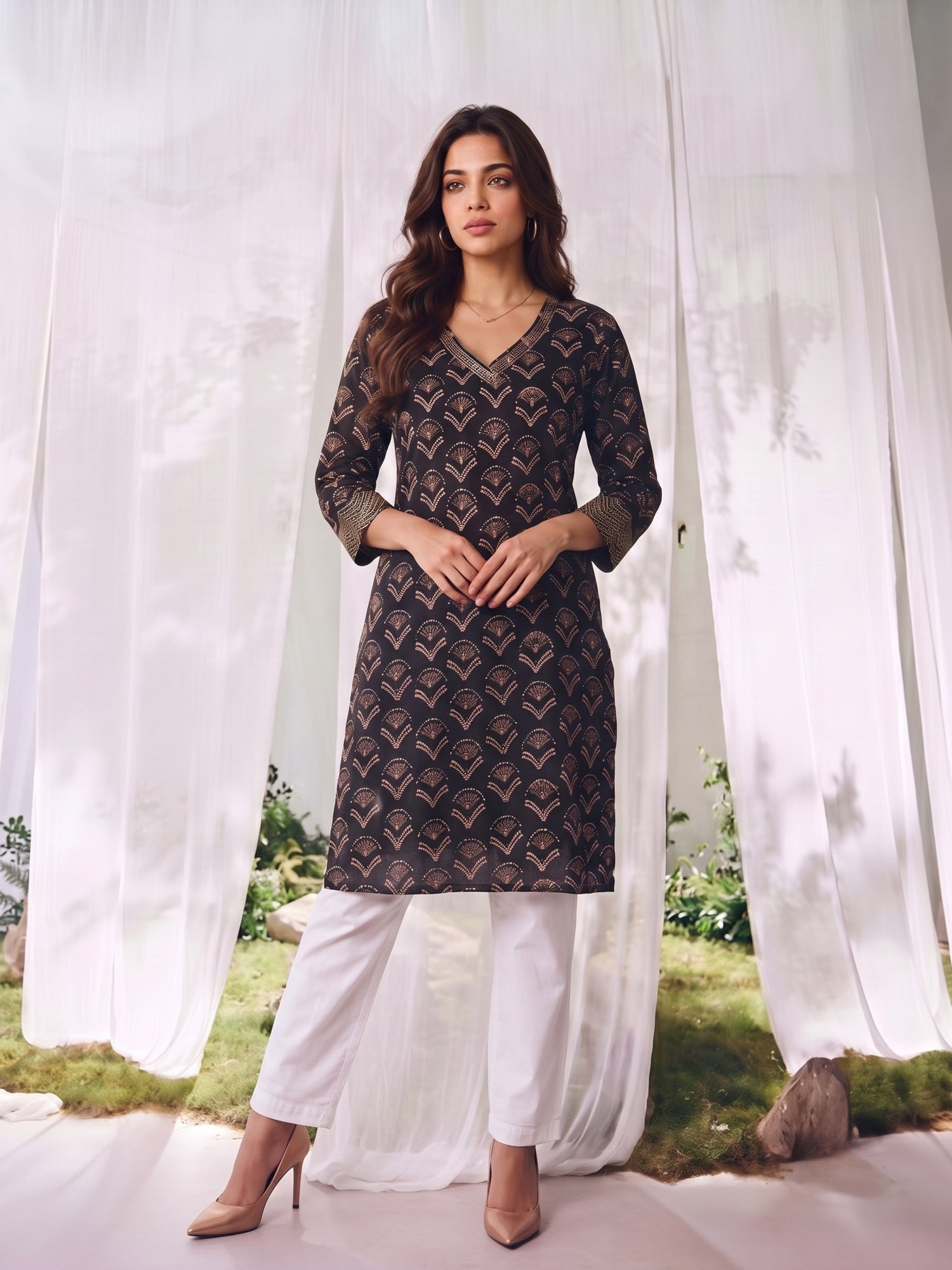 Buy Rayon Printed Straight Knee Length Kurta-Black