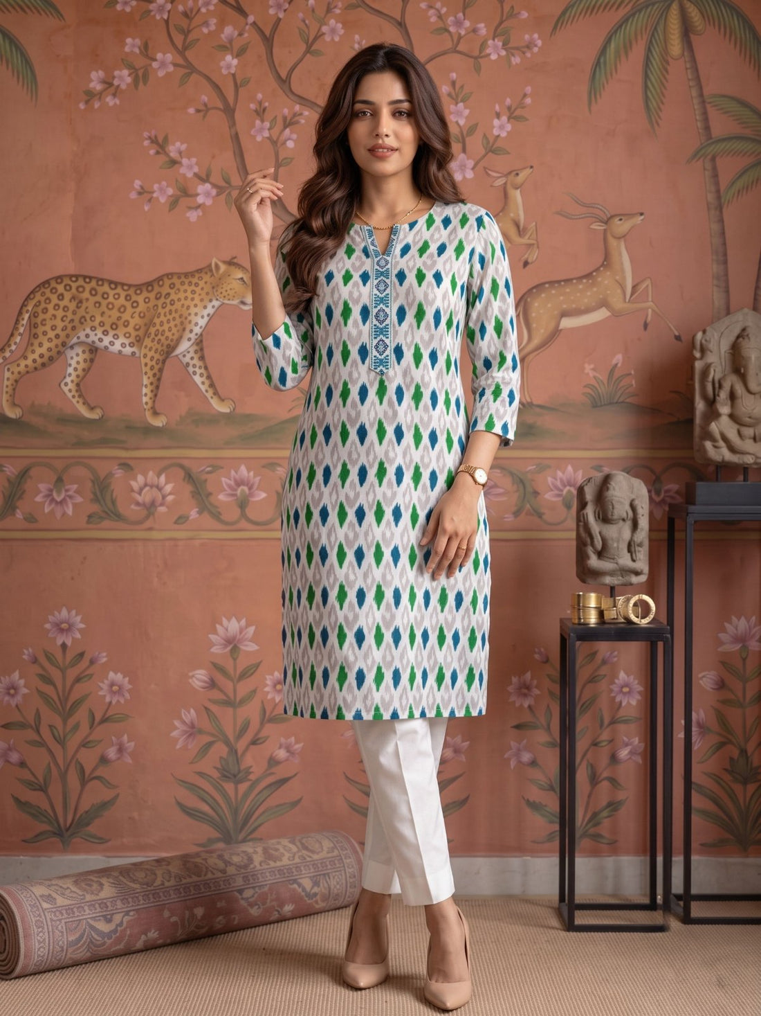 Buy Rayon Printed Straight Knee Length Kurta-Off White
