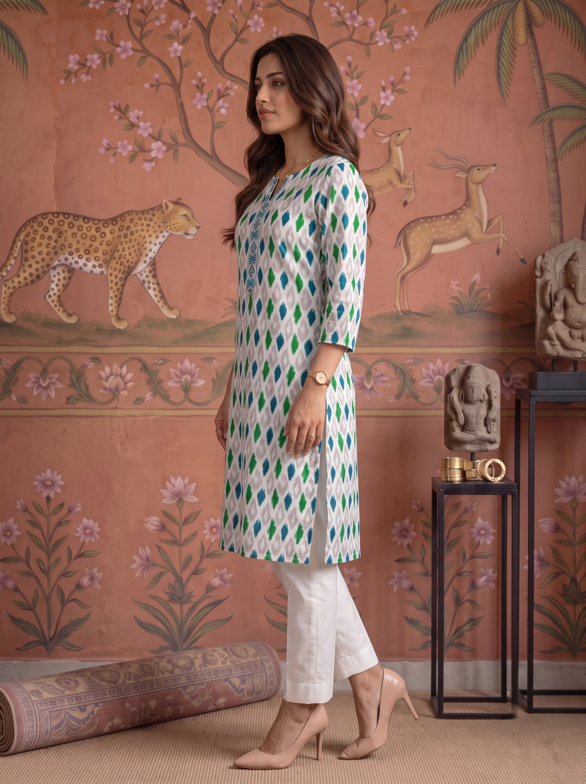 Buy Rayon Printed Straight Knee Length Kurta-Off White