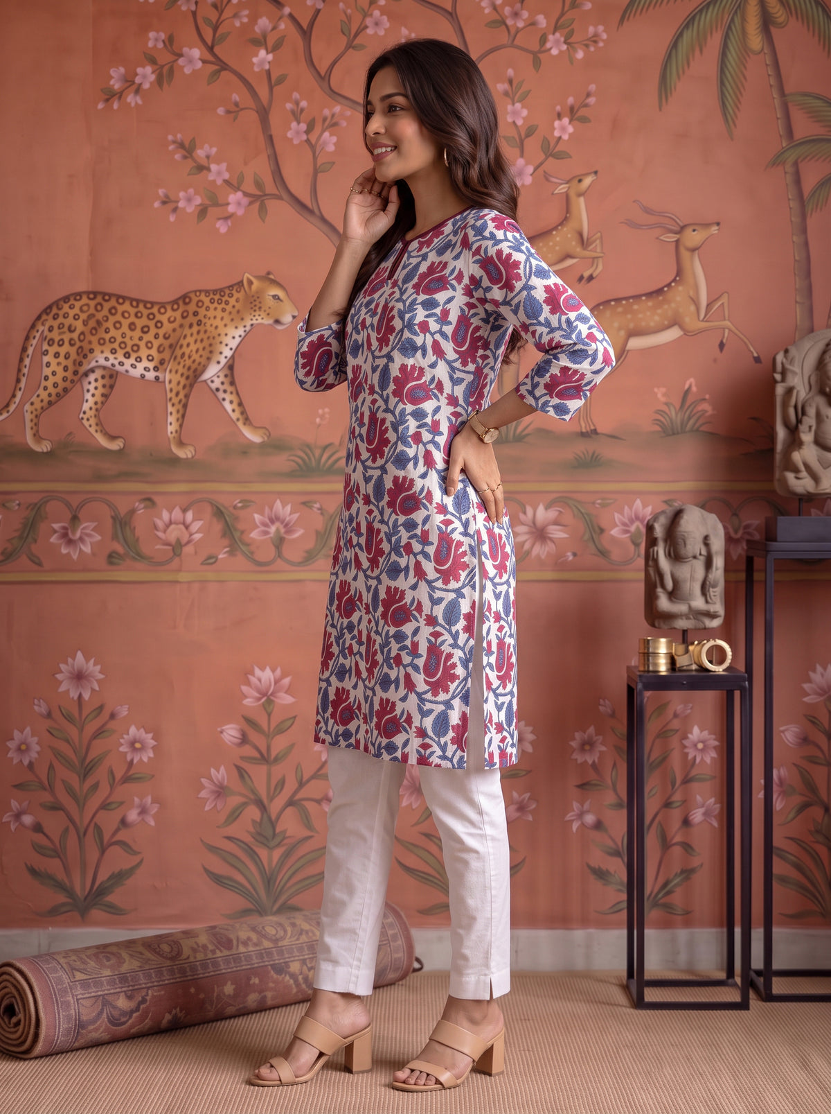 Buy Rayon Printed Straight Knee Length Kurta-Off White